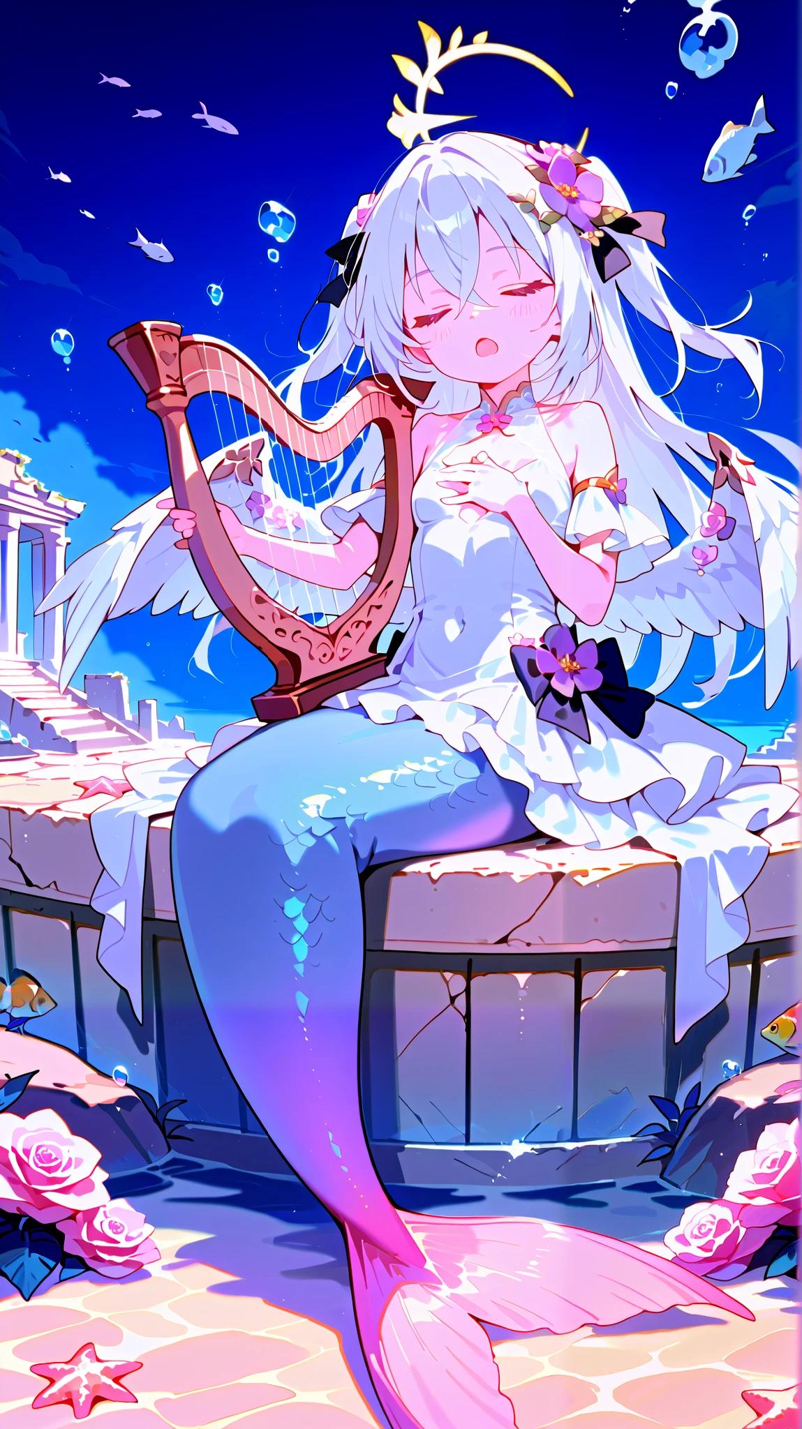 Comic_manga, manga panels, azusa \(blue archive\), 1girl 1other alternate_costume, angel_wings, bare_shoulders, blush, collarbone, feathered_wings, flower, hair_between_eyes, halo, long_hair, looking_at_viewer, small_breasts, pink_flower, pink_rose, purple_eyes, rose, solo_focus, very_long_hair, white_flower, white_hair, white_rose, white_wings, wings, dynamic pose, out of frame, two side up hair, (goddess attire, white sheer dress), ((mermaid, pink tail)), closed eyes, happy, open mouth, singing, sitting, bubbles, submerged, underwater, dark, night, ancient ruins, fish, starfish, playing harp, harp, hand on chest, cute, heart, solo, (clothed, ultra kawaii), hdr, low contrast, masterpiece, best quality, absurdres, masterpiece, highres, perfect anatomy, anime style, anime screenshot, 8k wallpaper, ultra high quality, (extremely detailed cg), perfect lighting, (sharp image), gorgeous, vibrant colors,award-winning, professional, highly detailed,high budget, dynamic angle, dynamic view, close up view, full body, yellow gradient