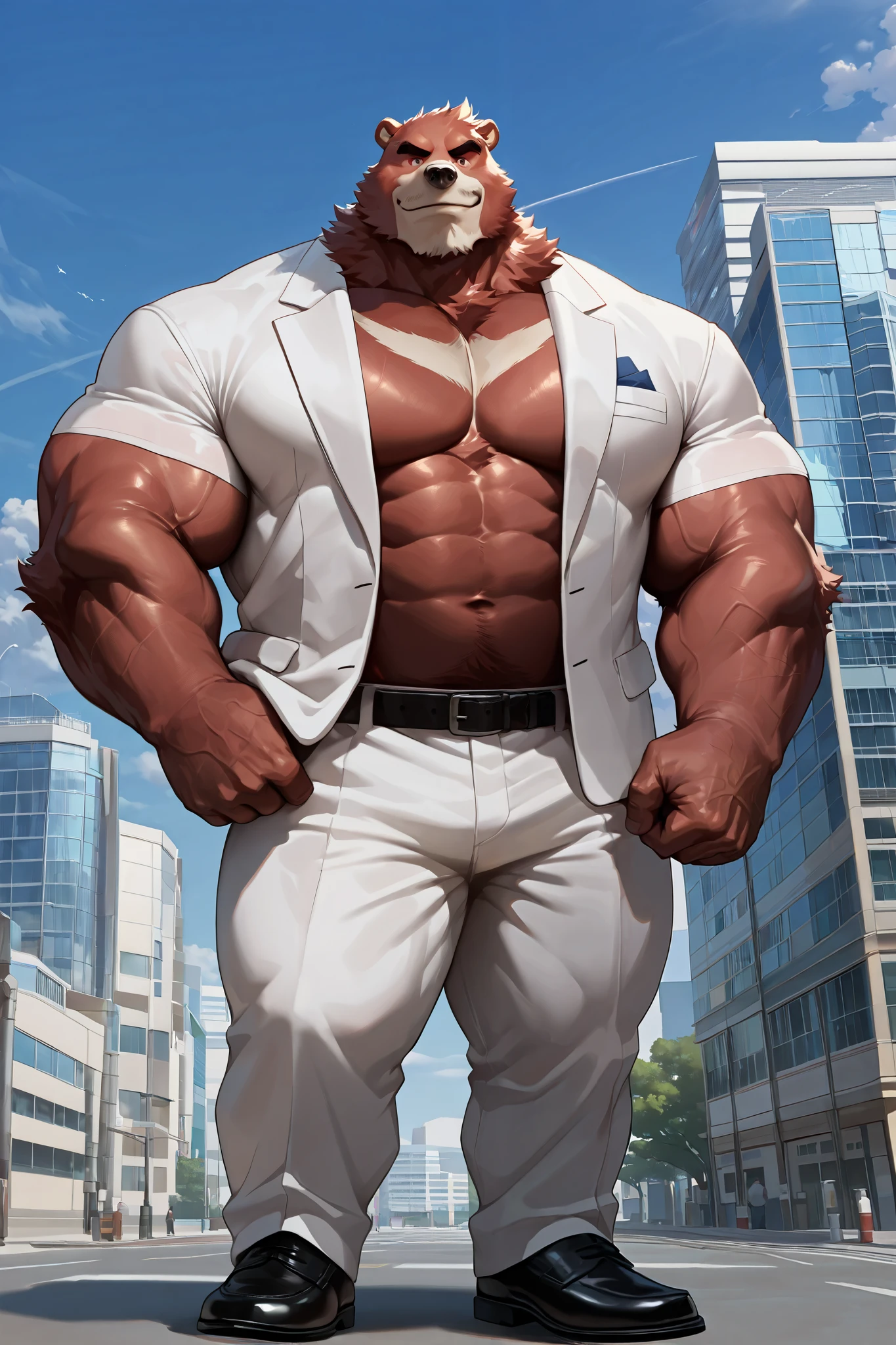 solo, 1boy, muscular, kumatetsu:1.3, red bear, very huge pectoral, pants, wearing white suits, detailed face, blue sky, tokyo, smile, detailed eyes, wide shoulder, thick arms, wide pectoral, muscle, short hair:1.2, detailed eyes, focus eyes, shirtless, masterpiece, semirealistic:1.2, high detailed, 8k, high resolution, fullbody
