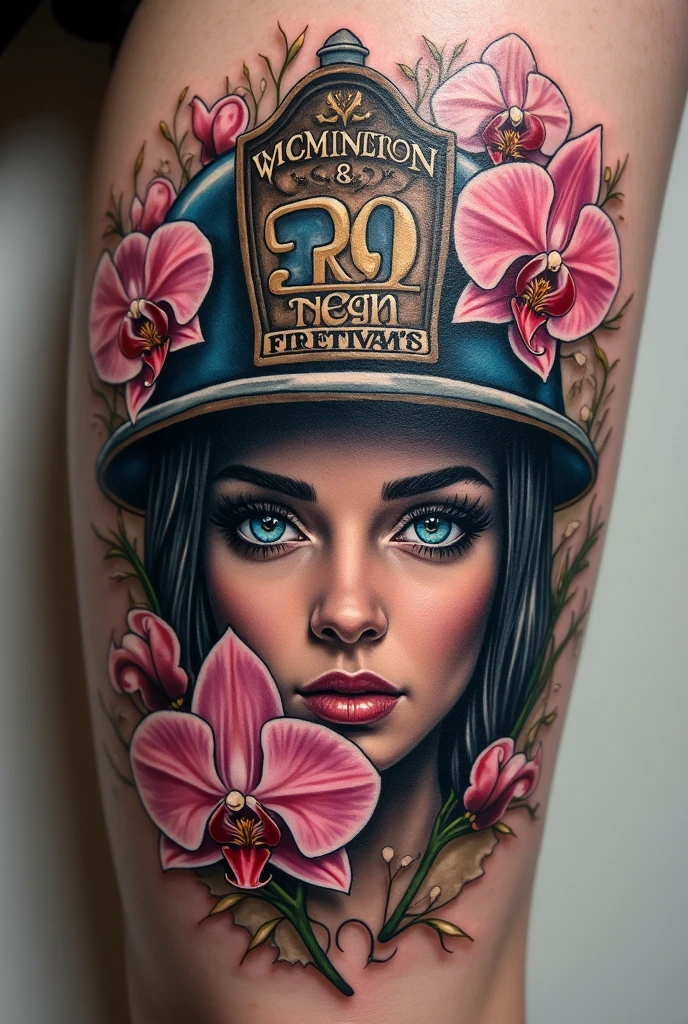 The face of a very young woman wearing a military beret tattooed on a man's back along with other tattoos related to the military