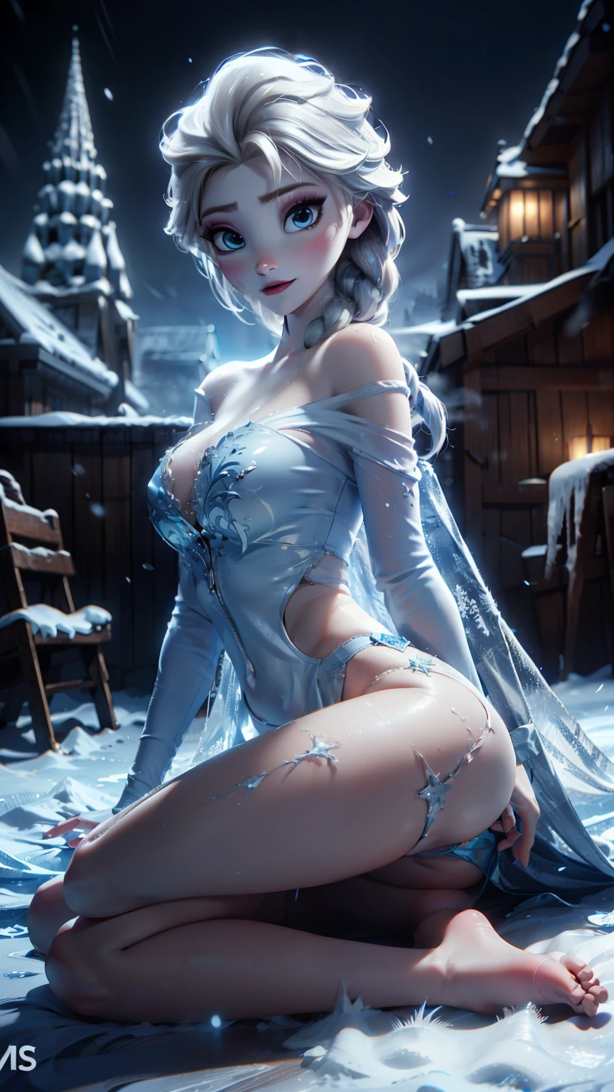 8k,high quality,scenery,mid shot,Beautiful goddess of ice and snow, Snow white and smooth skin,large breasts,long legs,medium hipbone,Ice mage, ice element, Intricate design and details, weird mist, cold, Blizzard storm, Summon Ice Spell, cast ice spell, Realistic ice effects, Snow grains, dark fantasy art style, city ruins, dramatic lighting, Normal