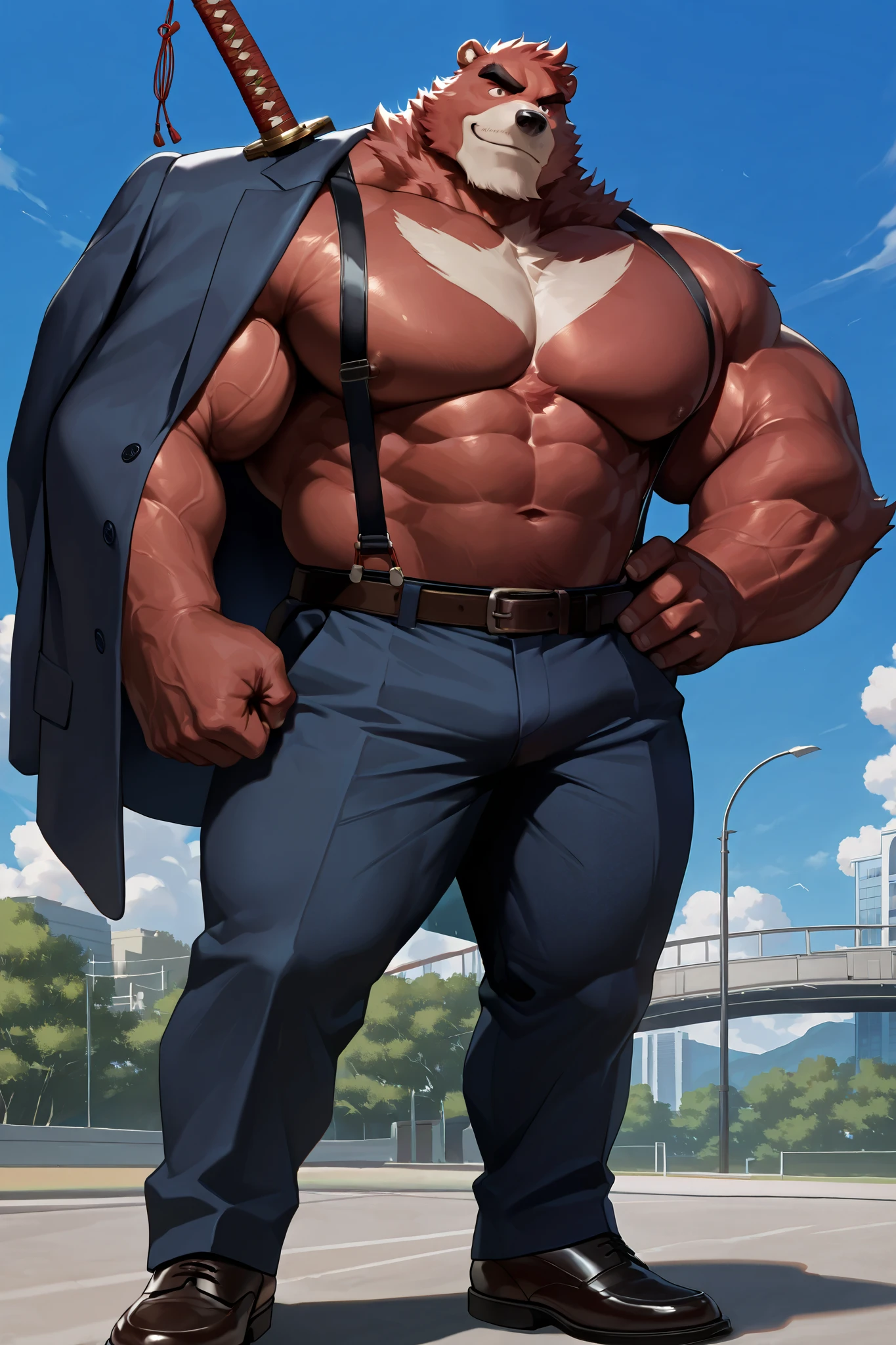 solo, 1boy, muscular, kumatetsu:1.3, red bear, very huge pectoral, pants, wearing suits, suspender, holding sword in shoulder, detailed face, blue sky, tokyo, smile, detailed eyes, wide shoulder, thick arms, wide pectoral, muscle, short hair:1.2, detailed eyes, focus eyes, shirtless, masterpiece, semirealistic:1.2, high detailed, 8k, high resolution, fullbody
