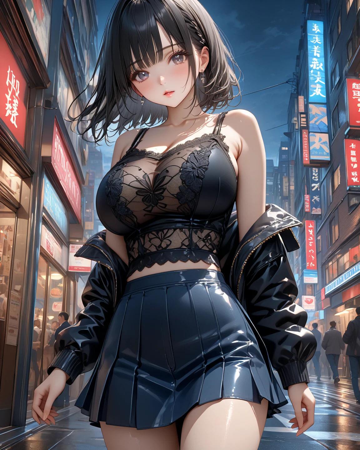 maid girl,(((1girl))),((maid girl with extremely cute and beautiful black hair)),
(large breasts:1.4),bountiful breasts,fluffy breasts,H cup bust,bust up,bulging bust top,(((black bob hair:1.35,colored inner hair,short hair,ear breathing))),((heterochromia:1.5, (purple_eye and blue_eye))),big eyes:1.3,((fat)),(((lustrous skin:1.5,bright skin: 1.5,skin tanned,shiny skin,very shiny skin,shiny body,plastic glitter skin,exaggerated shiny skin,illuminated skin,wet legs))),(spider lower abdomen,narrow waist,wide hip,athletic body,inflated legs,detailed body,(detailed face)),
cute,slutty,seductive,erotic,((nsfw)),
zettai ryouiki,(maid headdress),maid uniform,Headdress,(maid),sleeveless,mini skirt,boots,cleavage cutout,bare legs,clothes with a lot of lace frills,((wet clothes,intricate outfit,intricate clothes)),
(dynamic pose:1.0),solo focus,embarrassed,blush,sweat,((tears,open mouth)),moist eyes,(centered,scale to fit dimensions,Rule of thirds),
cyberpunk city by the ocean at night, with bright neon signs and dark stormy clouds and puddles, scenery:1.25,
artistic photography,(photography taken by sldr),highres, sharp focus, (ultra detailed, extremely detailed), (photorealistic artwork:1.37),(extremely detailed CG unity 8k wallpaper),((synthwave background theme)),(((vibrant colors))),(intricate background),(masterpiece),(best quality),
