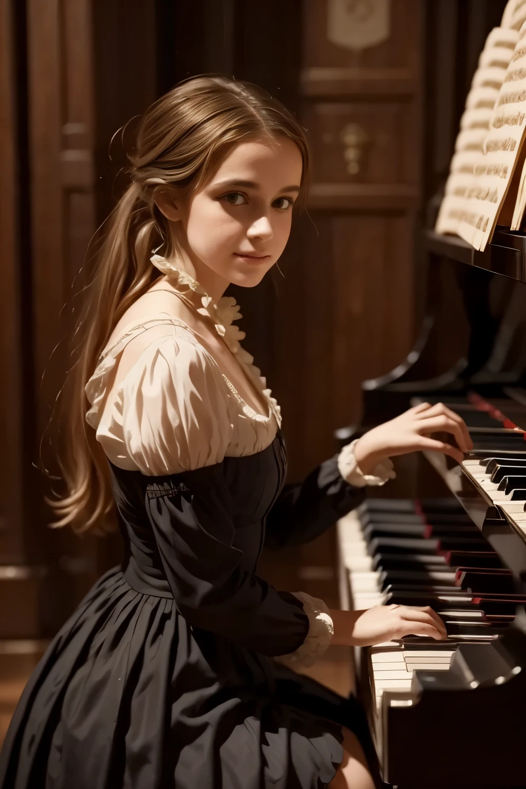 A girl play to piano the songs from the song by Franz Schubert, Page. 560: n. 7... concert 1828s