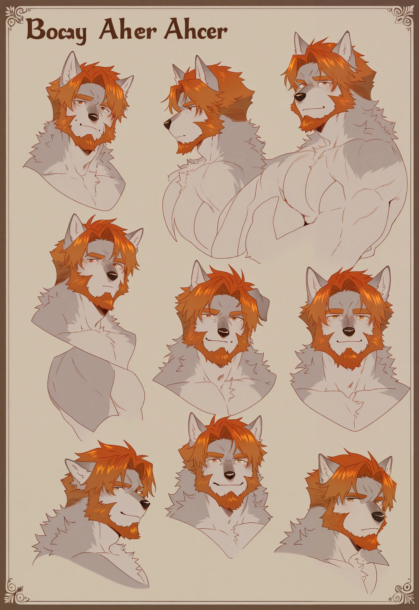 Wolf archer. Portrait. Head and pectorals focus. Masculine, buff, broad shoulders, gray fur, orange highlights, beard, nude, dog sheath, character sheet quality,00b00b43