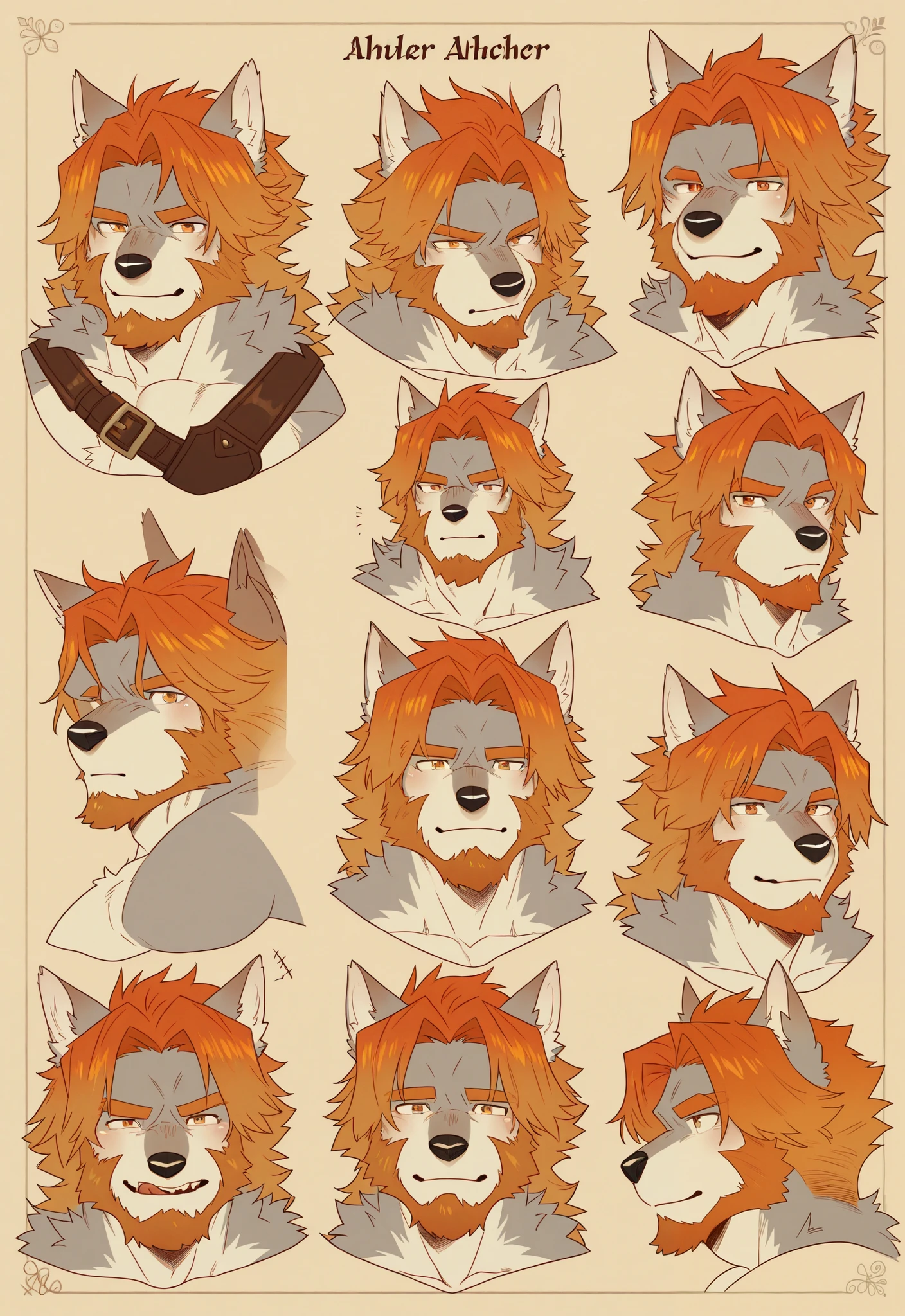 Wolf archer. Portrait. Head and pectorals focus. Masculine, buff, broad shoulders, gray fur, orange highlights, beard, nude, dog sheath, character sheet, quality,00b00b43