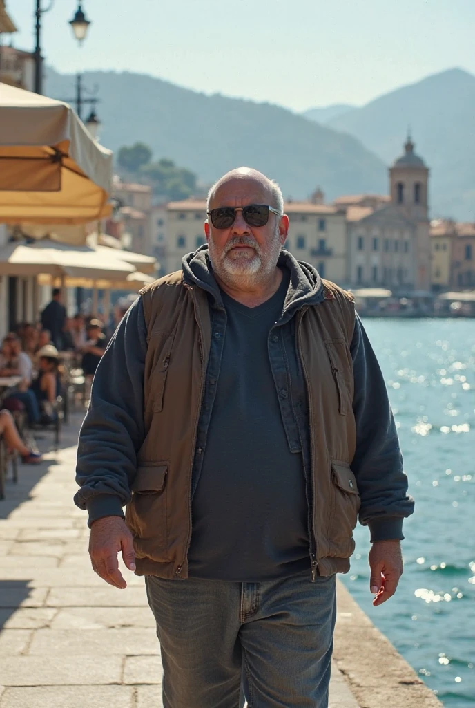 ((60 years old)) awesome Italian gentleman, sport style attire, in front of the Coliseum, summertime, sunny day with puffy white small clouds in the sky, serene happy atmosphere, perfect photo portrait, bokeh, 8k epic detailed, Hasselblad photo, high budget, cinematic feel, ((magical atmosphere, hyper realistic establishing shot)), intricate details