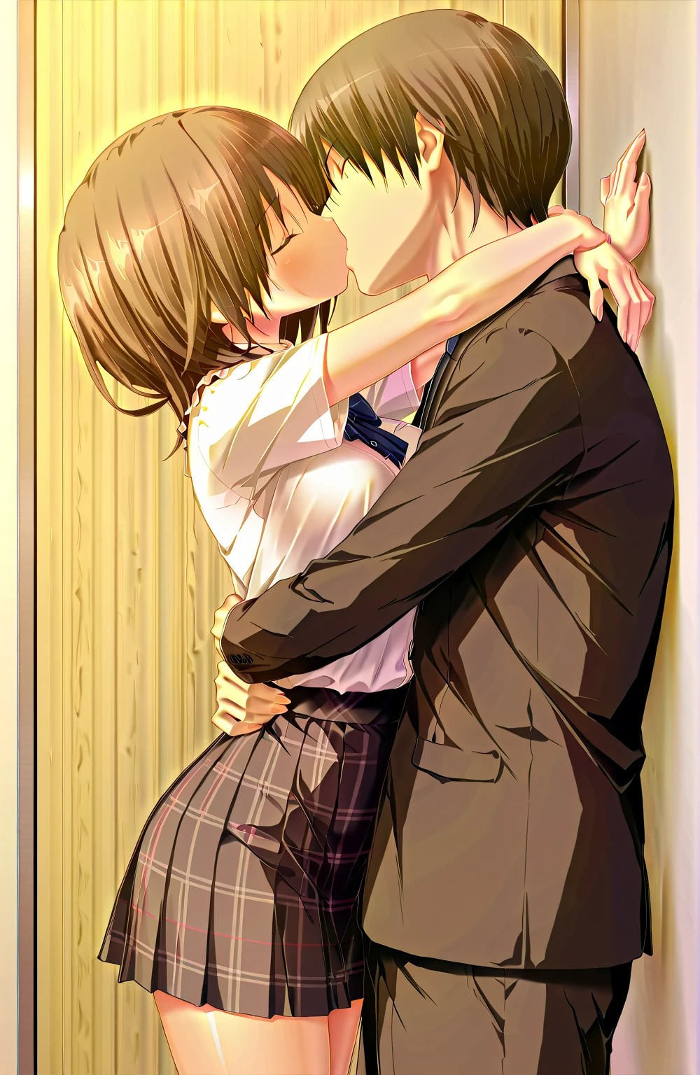 A highschool student, , /(school uniform: Dark yellow sweater, beige blouse, dark brown miniskirt with white lines and pleats, dark grey socks,), in a room, on a chair, near the window, in winter, fogged glass, the young lady riding on the man's hip passionately kissing, 21 years old, /(formal suit, rings on fingers,), on top of the man riding him, frontal focus,