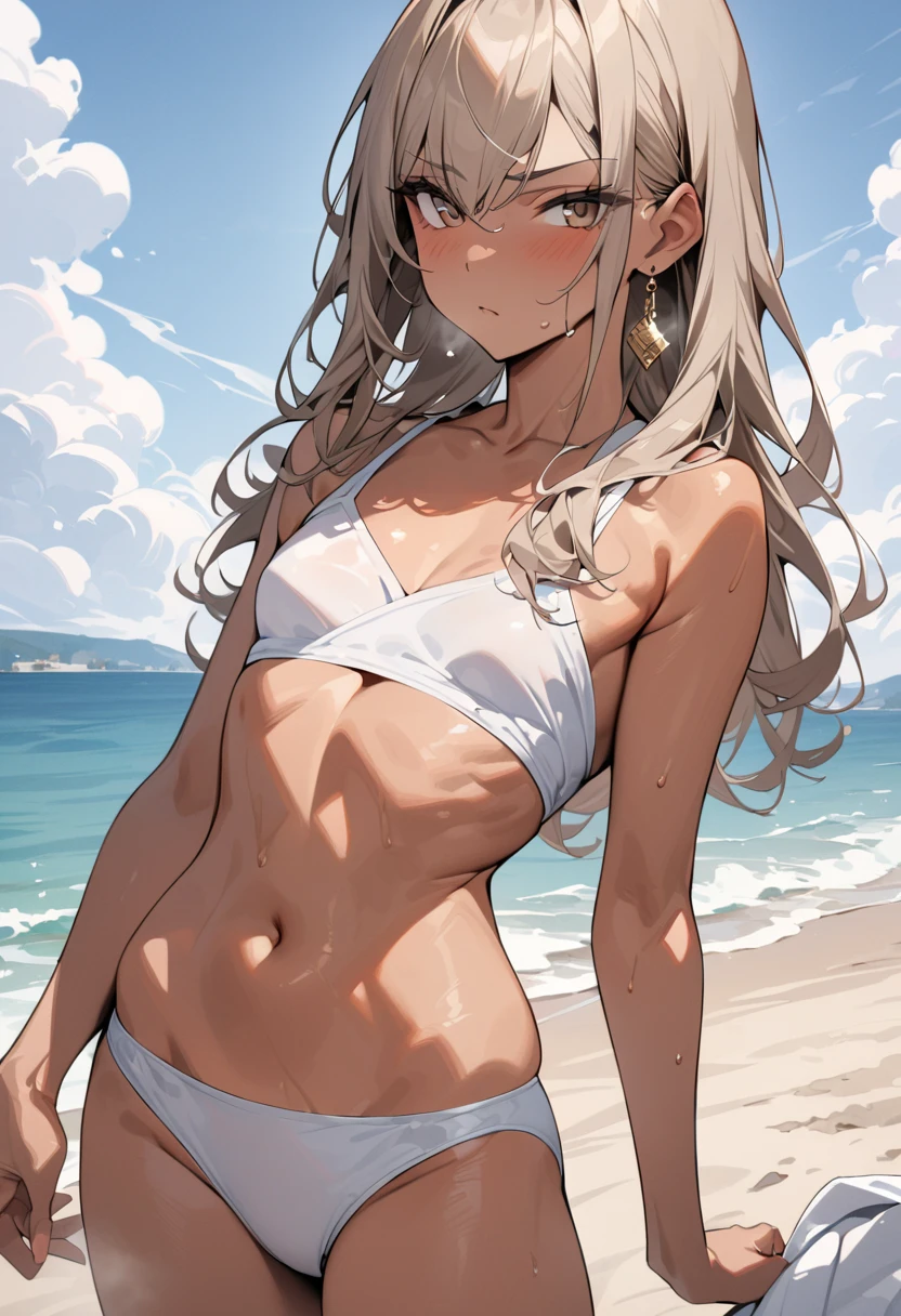 Shining sun and sand A beautiful white gal wearing a dynamic bikini lapping waves looks fun