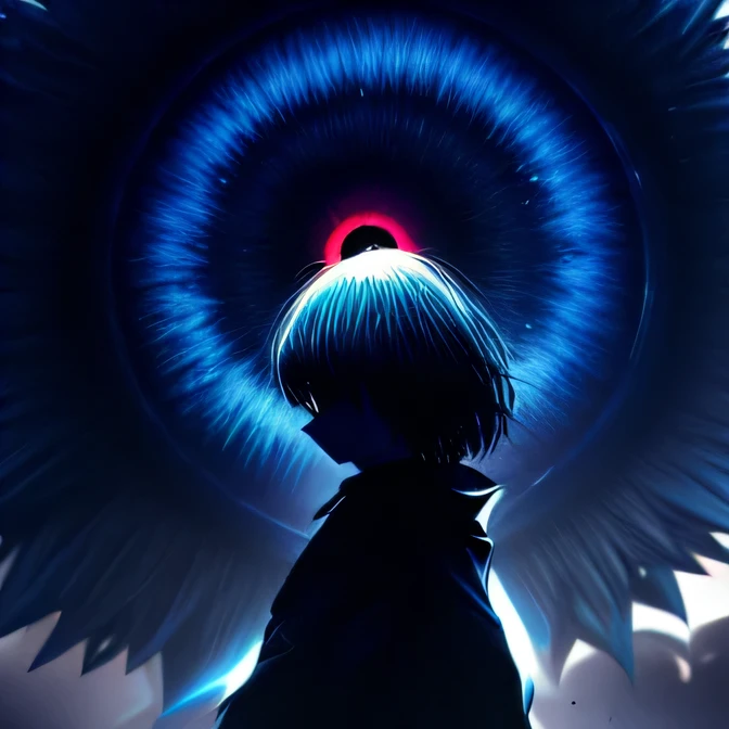 A beautiful silhouette of a girl with a beautiful background around her, standing without fear, panoramic view of a girl, (Eyes in the background)), viewer with perfect view :1,3), (zoom on the face :1,2), (focus on the face :1,3), behind her is an evil whirlwind filled with eyes, behind her is a silent and atmospheric background filled with particles, (vibrant color :1,4), (sharp focus :1,3 (dark theme :1,3)), long hair, black color variation, the girl blends into the background