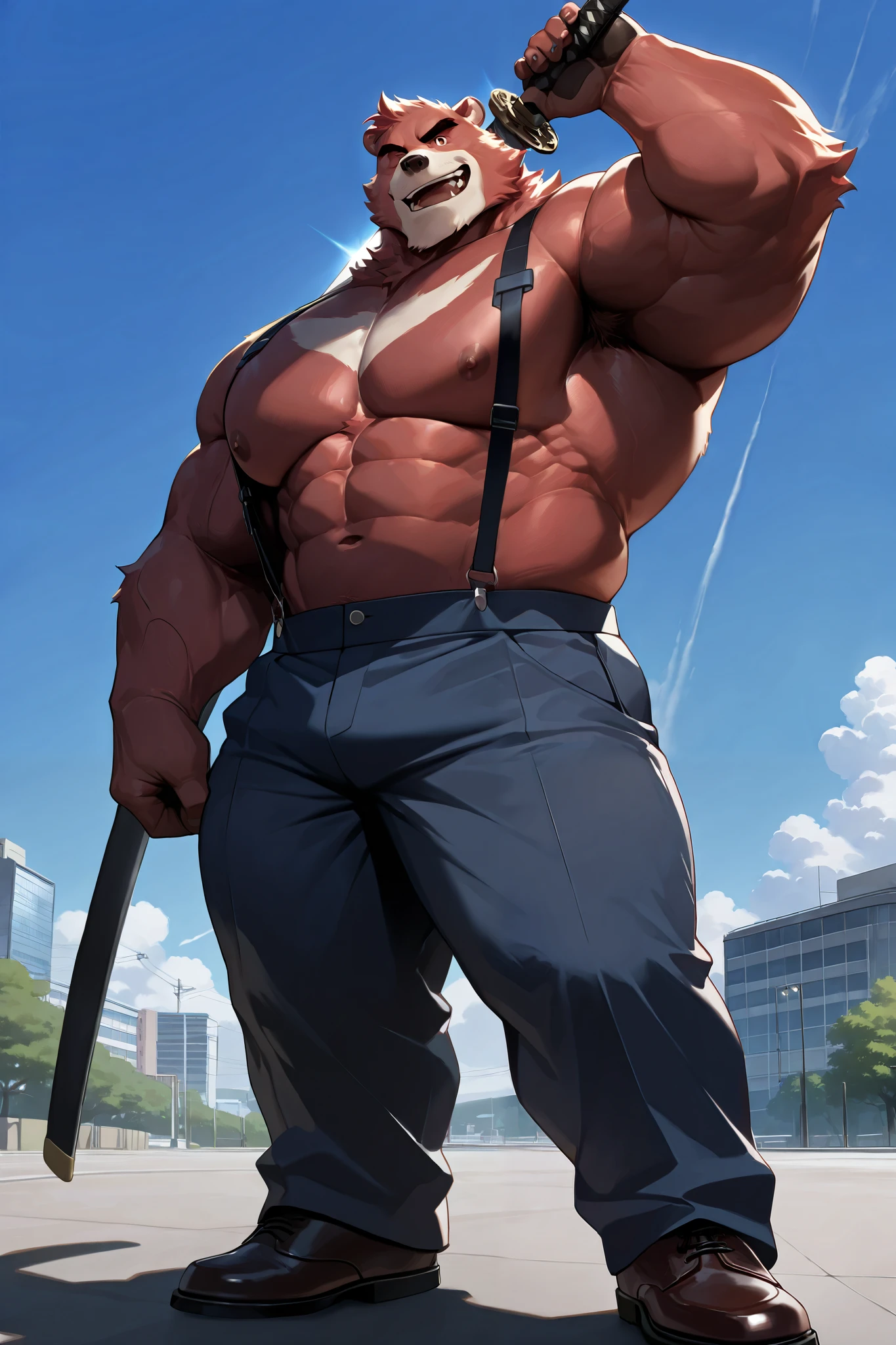 solo, 1boy, muscular, kumatetsu:1.3, red bear, very huge pectoral, pants, wearing shirts, suspender, holding sword in shoulder, detailed face, blue sky, tokyo, smile, detailed eyes, wide shoulder, thick arms, wide pectoral, muscle, short hair:1.2, detailed eyes, focus eyes, shirtless, masterpiece, semirealistic:1.2, high detailed, 8k, high resolution, fullbody