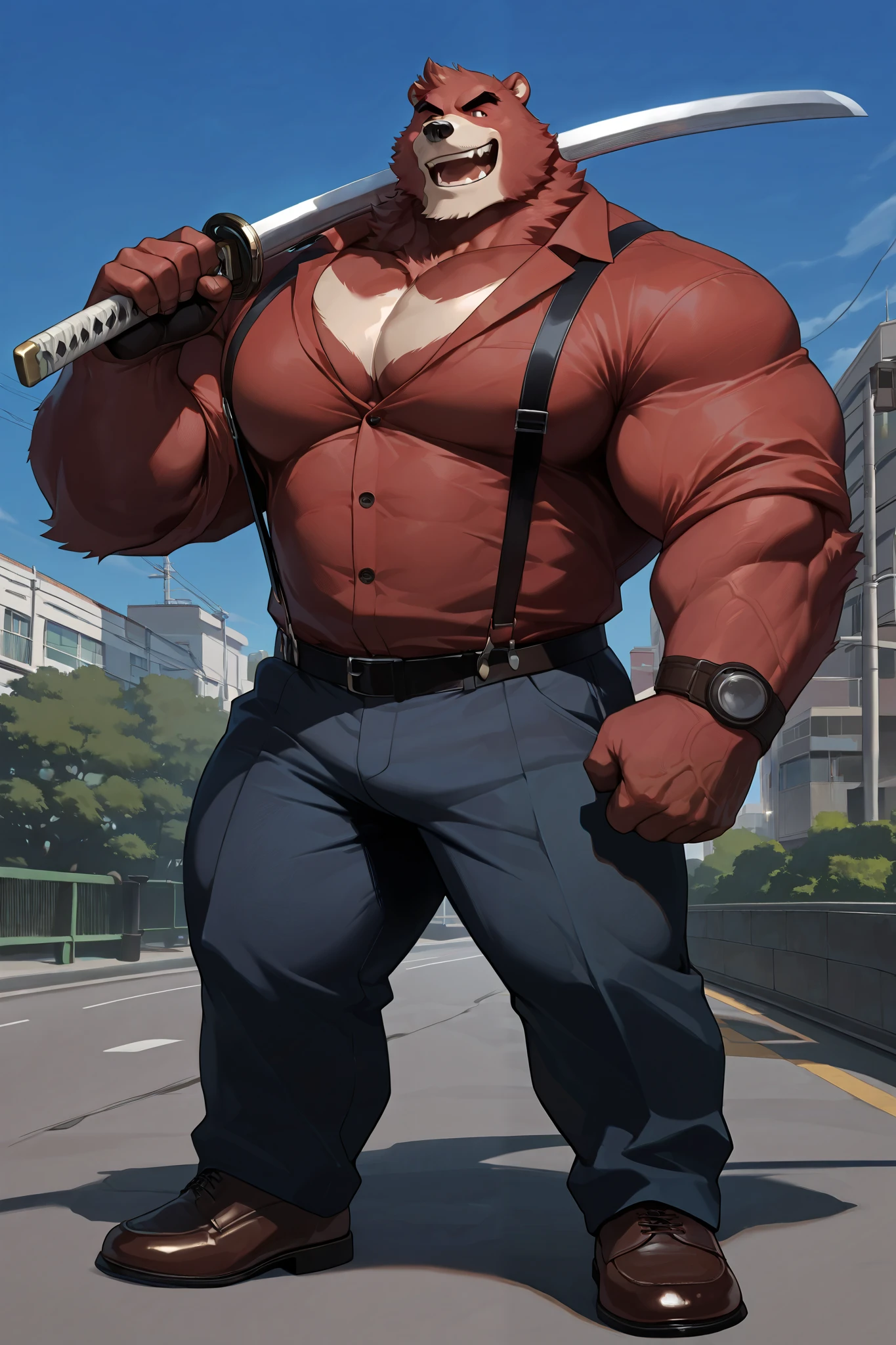 solo, 1boy, muscular, kumatetsu:1.3, red bear, very huge pectoral, pants, wearing shirts, suspender, holding sword in shoulder, detailed face, blue sky, tokyo, smile, detailed eyes, wide shoulder, thick arms, wide pectoral, muscle, short hair:1.2, detailed eyes, focus eyes, shirtless, masterpiece, semirealistic:1.2, high detailed, 8k, high resolution, fullbody