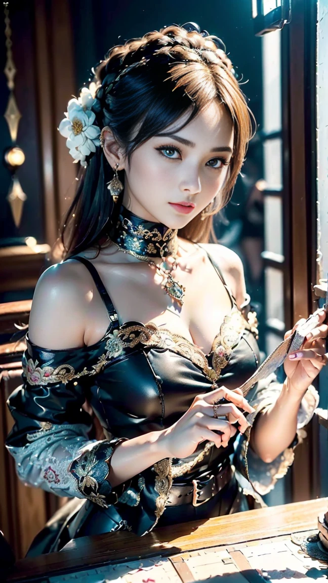 ((Raw photography,top-quality,hight resolution,Ray tracing,nffsw,Best Quality,Post-processing,portlate.3D,),(( Dark purple leather BDSM,Glossy dark purple leather bondage with gorgeous embroidery in gold,Fancy corset,)),Long black hair,Big breasts that emphasize cleavage:2.0,Thin leg,Brown eyes,Elaborate limb representation,a small nose,Have a perfect body,sleeveless,)))((Limbs are2facing,Number of fingers5Accurately depicted in the book、Hands are lightly clasped,Complex fishnet stockings,pin heels,)),((tthin eyebrows,long eyelashes,smil,二重まぶた,Vibrant eyes,)),No title required,Do not wear anything on your shoulders,Create beautiful light effects on the background,Light Particle Filter,(finerly detailed face:1.3),(masterpiece:1.4),(top-quality:1.4), (kawaii:1.5),((tthin eyebrows,long eyelashes,smil,二重まぶた,red lipsticks,Thin eyeliner,Plump lips,Beautiful fine skin,)),(((secret room,low angle shot)))