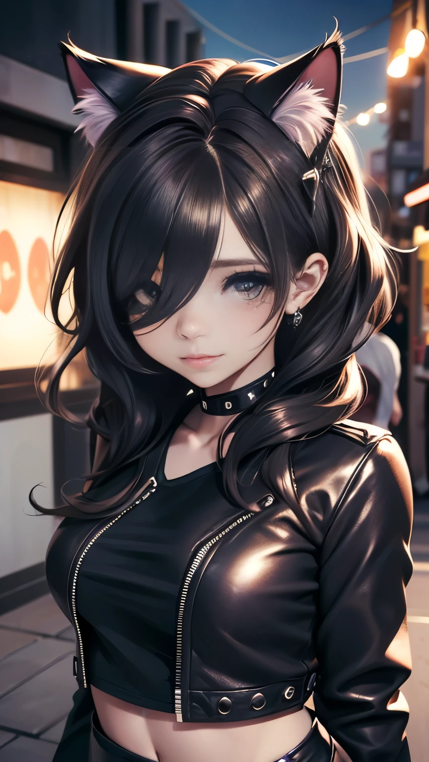 very young slim fit girl, full body shot, (rounded face:1.2), very long disheveled dark brown hair, (big brown eyes:1.2), shy smile, perfect flat breast, band on head with fake cat ears, parororo, eyelashes, ariawm, accurate snub nose, (very long strand of hair between eyes:1.3), wearing a studded leather jacket and tulle skirt, with dramatic makeup, summer street, old city, hair over one eye , monroe