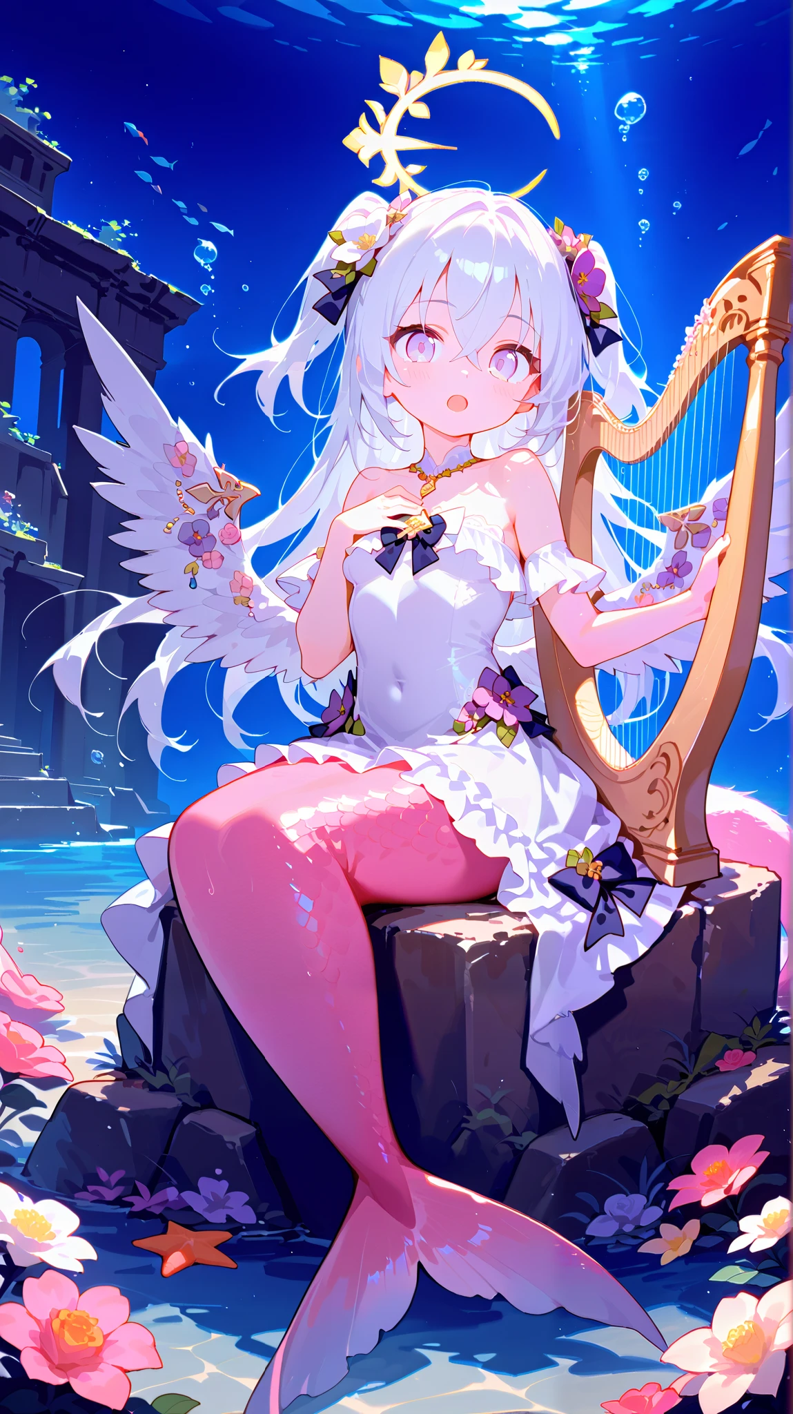 azusa \(blue archive\), 1girl 1other alternate_costume, angel_wings, bare_shoulders, blush, collarbone, feathered_wings, flower, hair_between_eyes, halo, long_hair, looking_at_viewer, small_breasts, pink_flower, pink_rose, purple_eyes, rose, solo_focus, very_long_hair, white_flower, white_hair, white_rose, white_wings, wings, dynamic pose, out of frame, two side up hair, (goddess attire, white sheer dress), ((mermaid, pink tail)), wide eyes, happy, open mouth, singing, sitting, bubbles, submerged, underwater, dark, night, ancient ruins, fish, starfish, playing harp, harp, hand on chest, cute, heart, solo, (clothed, ultra kawaii), hdr, low contrast, masterpiece, best quality, absurdres, masterpiece, highres, perfect anatomy, anime style, anime screenshot, 8k wallpaper, ultra high quality, (extremely detailed cg), perfect lighting, (sharp image), gorgeous, vibrant colors,award-winning, professional, highly detailed,high budget, dynamic angle, dynamic view, close up view, full body, yellow gradient