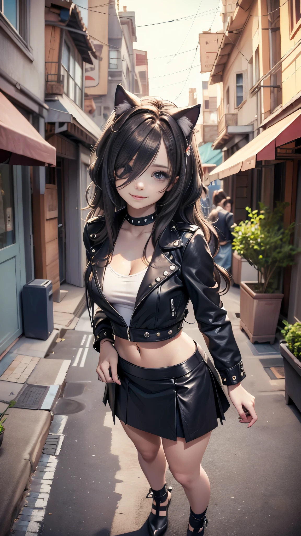 very young slim fit girl, full body shot, (rounded face:1.2), very long disheveled dark brown hair, (big brown eyes:1.2), shy smile, perfect flat breast, band on head with fake cat ears, parororo, eyelashes, ariawm, accurate snub nose, (very long strand of hair between eyes:1.3), wearing a studded leather jacket and tulle skirt, with dramatic makeup, summer street, old city, hair over one eye , monroe