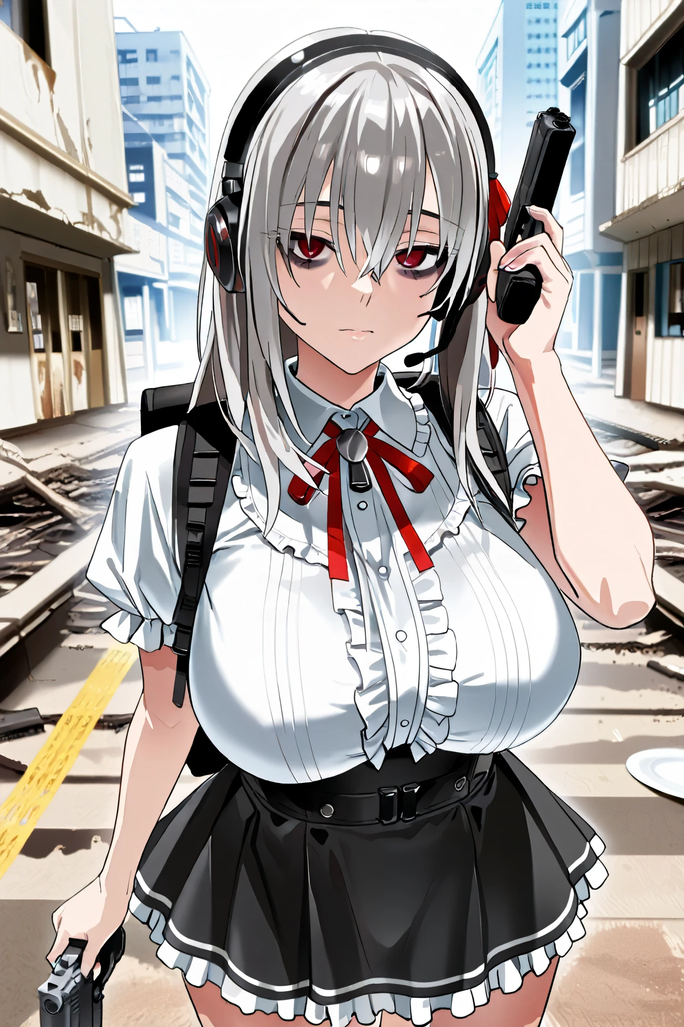 gray hair、( dark circles under eyes、Pale Red Eyes )、 headset、Dog Tags、backpack、( ruffle blouse、ruffle skirt)、Bulletproof vest、plate carrier、cute、 girl、 high school 、(has a handgun)、android for service、((very big breasts))、 sexy、anime style、City in Ruins、high image quality、high quality