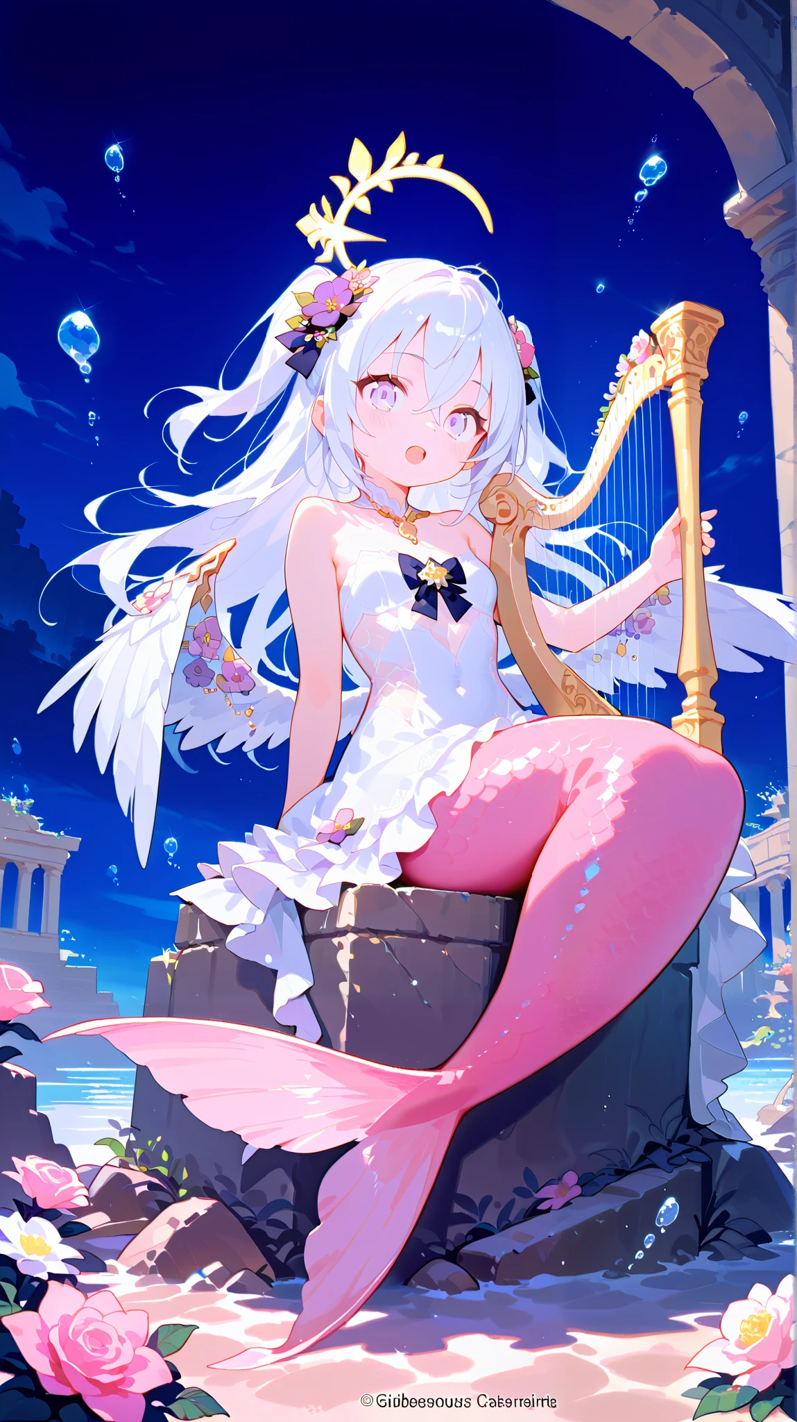azusa \(blue archive\), 1girl 1other alternate_costume, angel_wings, bare_shoulders, blush, collarbone, feathered_wings, flower, hair_between_eyes, halo, long_hair, looking_at_viewer, small_breasts, pink_flower, pink_rose, purple_eyes, rose, solo_focus, very_long_hair, white_flower, white_hair, white_rose, white_wings, wings, dynamic pose, out of frame, two side up hair, (goddess attire, white sheer dress), ((mermaid, pink tail)), wide eyes, happy, open mouth, singing, sitting, sitting on ruins, bubbles, submerged, underwater, dark, night, ancient ruins, fish, starfish, playing harp, harp, cute, heart, solo, (clothed, ultra kawaii), hdr, low contrast, masterpiece, best quality, absurdres, masterpiece, highres, perfect anatomy, anime style, anime screenshot, 8k wallpaper, ultra high quality, (extremely detailed cg), perfect lighting, (sharp image), gorgeous, vibrant colors,award-winning, professional, highly detailed,high budget, dynamic angle, dynamic view, close up view, full body, yellow gradient