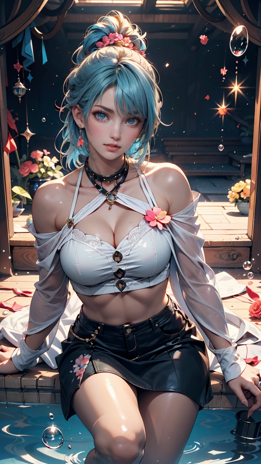 (masterpiece), (Highest quality), (Super detailed),(Disheveled Hair),(figure), (One girl), (Fashionable clothes), Are standing, Fashion Model, View your viewers, (interview), (Simple Background),Beautiful attention to detail, Delicate and beautiful face, floating,(High saturation),(Colorful splashes),Colorful Bubbles,(The Shining), Focus on the face, ponytail, kamisato ayaka, Light blue hair, bangs, Hair Ring, Floating Flowers, Floating hair, (The Shining), Best lighting, Best Shadow, 24-year-old female、Sexy proportions、Sexy、Narrow waist、Wear jewellery on your wrist、Attach a necklace、Wear platform sandals、French style braid((french braid))、Inner Color((colored inner hair))、Rainbow Hair((rainbow hair))、Hair Flower((hair flower))