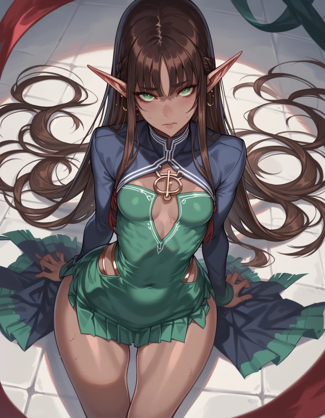 Anime style, 1 elf princess girl, long brown hair, hime_cut style, blue almond eyes, medium breasts, traditional elven fantasy clothing, green blouse, pink skirt, white thigh-high stockings, gold high heels, lying on bed , spread legs, naked pussy, open pussy, rubbing her pussy, female masturbation, orgasm, upskirt,