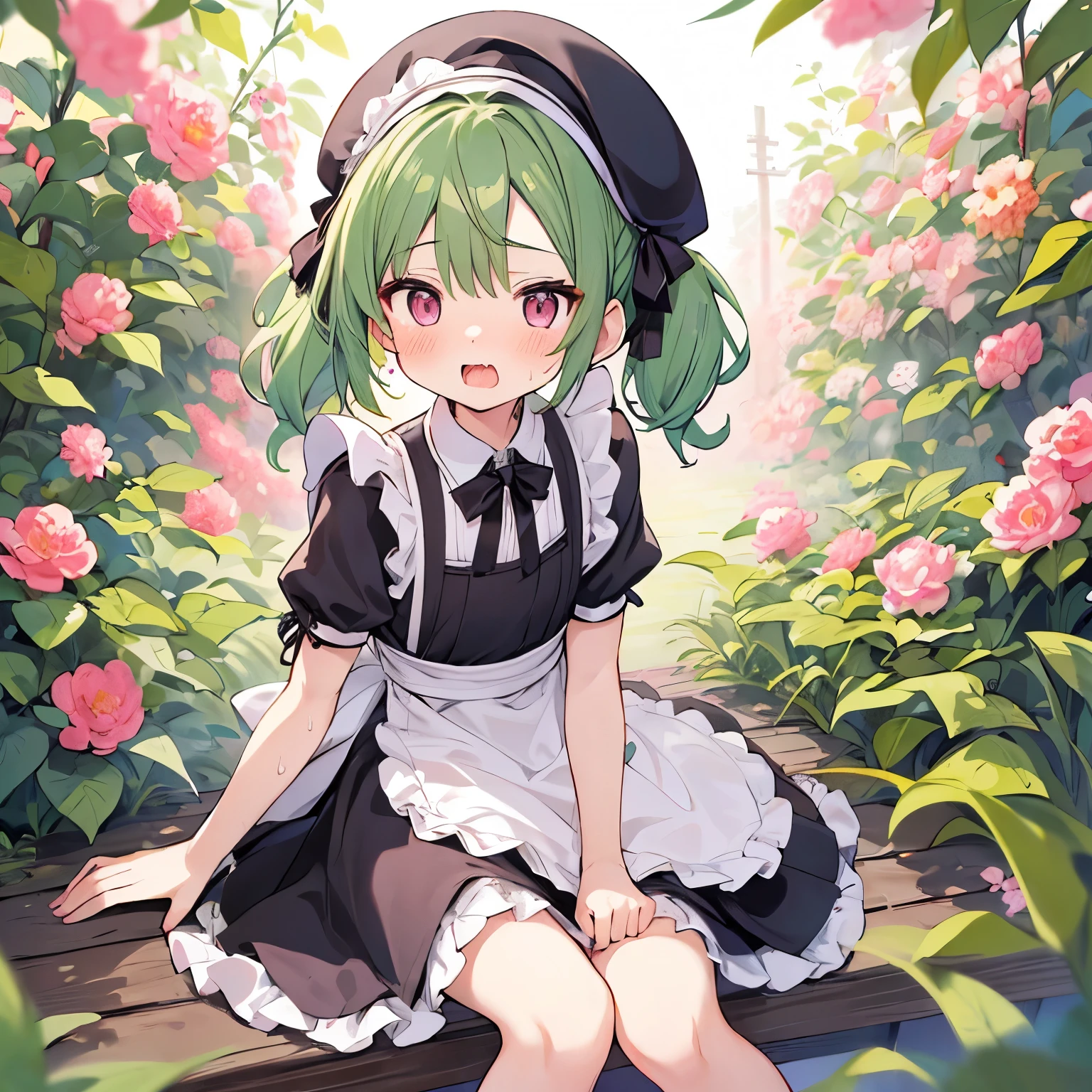 ((日本人のgirls1人、 adult )), ( small)), green hair、green hair、long fluffy hair、Twin Pigtails、beret with ribbon、masterpiece, 最high quality, high quality, Highly Detailed 8K Wallpaper,Gardenの軒下、Pink hair with pink lining、Garden、 warm sunshine、heavy breathing、smile、sweat、Three x ornaments on the bangs、(black x mark in the eyes)、cute girlss、Cute maid、Neat pose、( open your mouth 、Small double teeth)、 gothic dress、awaiting instructions、no fix、 wave、(girls、 gothic dressを着て)、 beautiful flat chest 、(激しいsweat)、(saliva volume:1.4)、( female elementary school student)、(stroking belly:1.2)、(calm expression、beautiful face)、(Serving)、(trembling hips:1.2)、Life-size、 in front of the camera、sit with legs aligned
