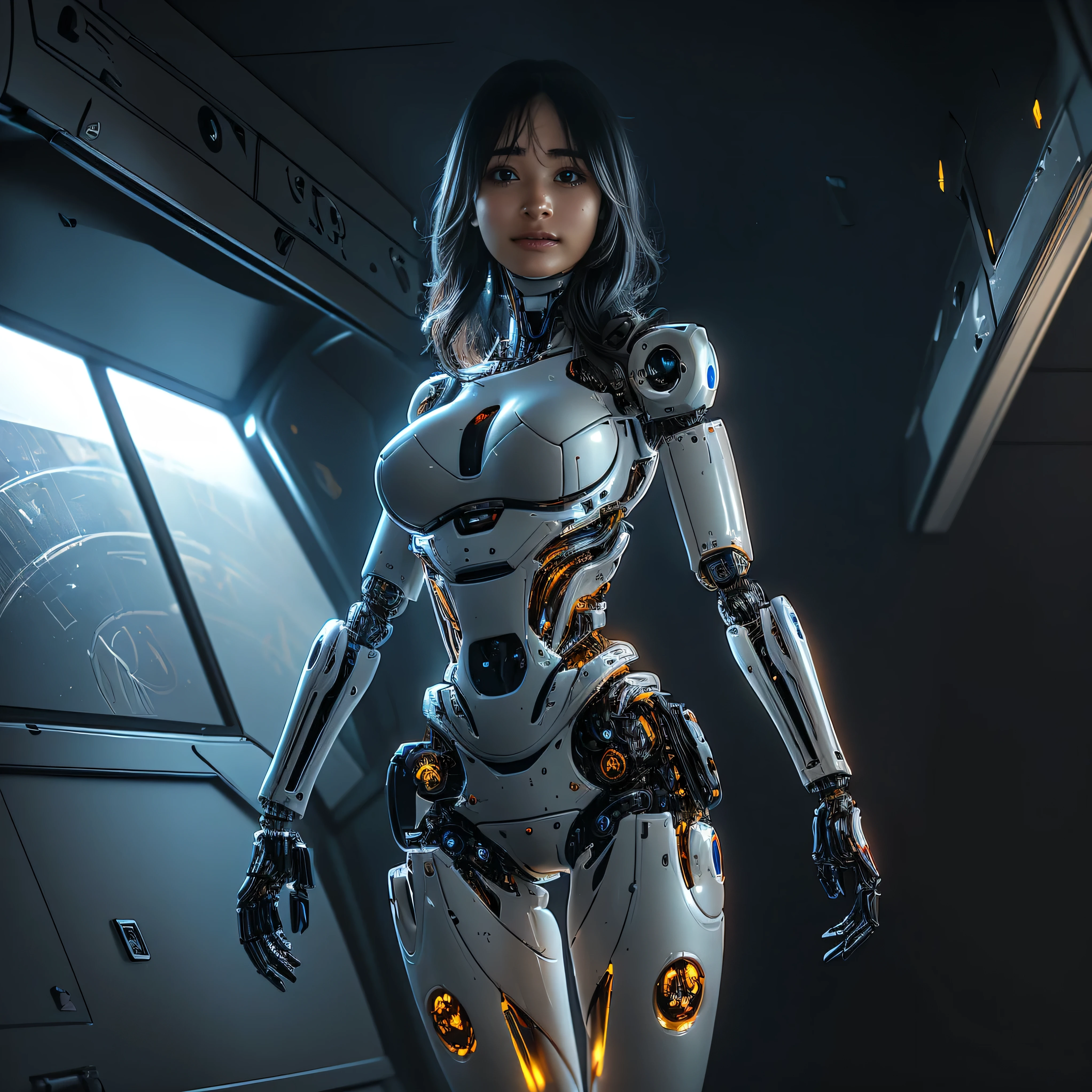intelligent bionic robot, 2 women’s heads, woman, cyborg robot parts, microchip, Bright studio, hyperrealism, high detail on the face, delicate details, soft writing, rimlight, Rendered by Octane, Unreal Engine 5 rendering, Mechanical Public Enemy Style, 16k, best image quality, TESTIFIES, white balance on the lunar surface, High key lighting, for a soft and graceful atmosphere, Ultra A High Resolution, Big Breasts Machine, cyberpunk, ((((flying)))), In production, Battle Angel Alita, ((((big smile)))), ((((wide thigh opening with both thin long legs)))), ((((Head of a age kawaii Japanese idol)))), ((((short pixie cut)))), ((((A cyborg with a humanoid precise mechanical robotic pure ultimate pure gold metal most one and only muscular skinny tight body from the neck down)))), (huge metal breast), ((((extremely thinnest mechanical waist)))), ((((precise mechanical robotic arms and hands and super long neck)))), ((((pure gold hair)))), ((((vigorous)))), ((((boyishly)))), ((((full body)))), ((((Ultra hires)))), ((((master piece)))), ((((best quality)))), ((((detailed)))), ((((photo realistic)))), ((((There are several holes in the fuselage that were drilled by gun fire))))