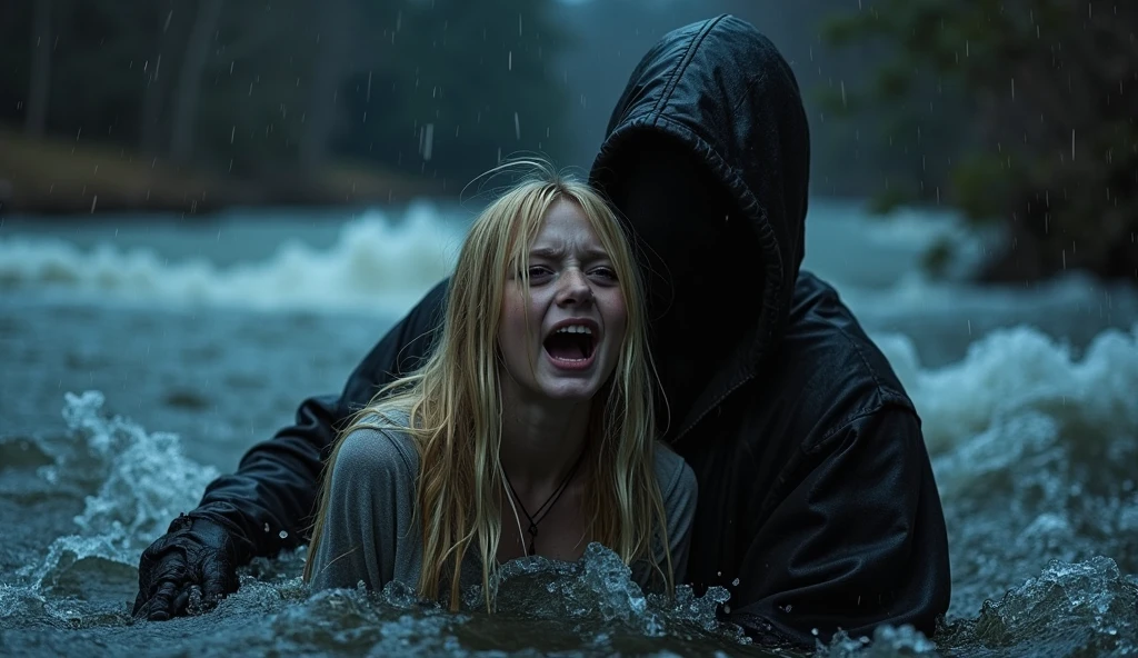 "Image of a beautiful young woman, 17 years old, crying in fear, caught in the rain with wet clothes, wearing a white shirt, seen being grabbed from behind by a 40-year-old man with a creepy smile. Background shows a forest scene with tall trees, realistic."