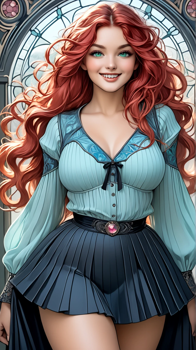 Cute Farmgirl With messy long hair. ((Red Haired Woman, Hairlong)), Perfectly Round Face. Beautiful Cute Face, Big Beautiful Voluptuous Lips, Charming Beauty, ((Kind Expression On His Face)), ((Big Beautiful Detailed Blue Eyes)), Thin Waist, Wide Hips ((Frilly Dark Blue Dress that demure with a very high neckline.,)) (Higly Detailed)),Official Art, Award Winning Digital Painting, Digital Illustration, Extreme Detail, 4k, Ultra Hd, Rococo, Polished, Intricate, Realistic Fantasy Art, Sharp Focus, Concept Art, Art By Wlop, Artgerm, (2d Vector Illustration) Light, Airy, HourGlass Figure. Ellie Bamber, very short skirt, glimpse of panties under the skirt due to the wind, hands on skirt trying unsuccessfully to hide the panties