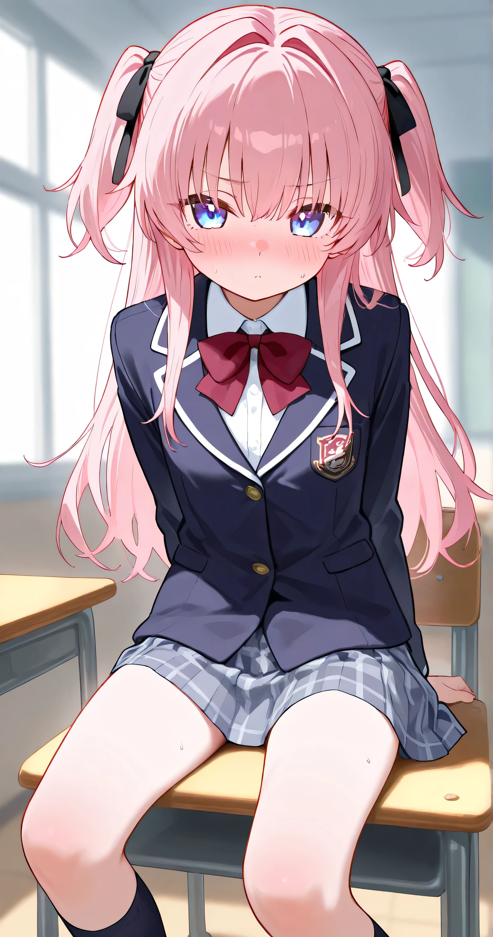 Petite girl, two side up, pink hair, school uniform