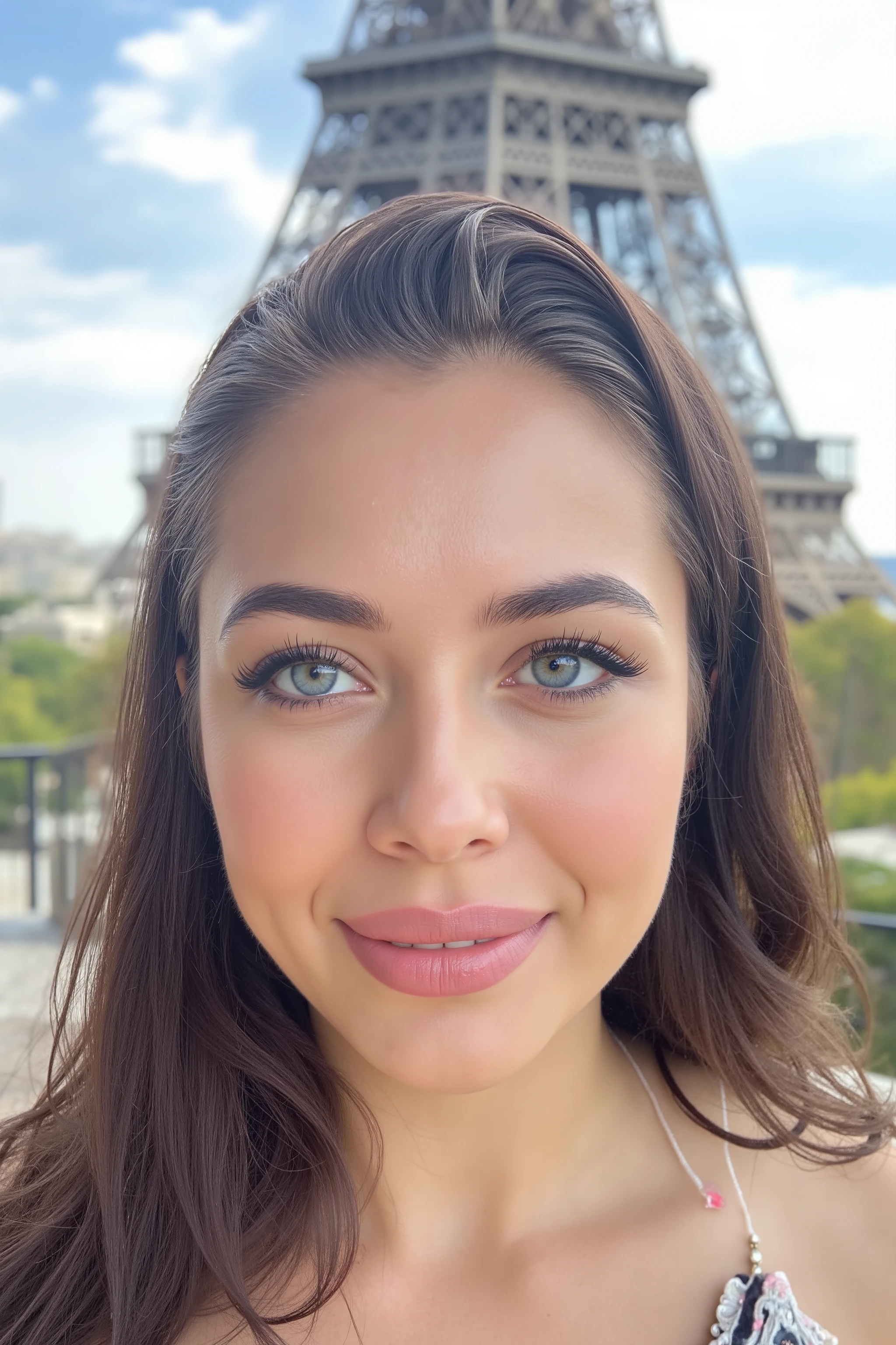 A hyper-realistic portrait of the most beautiful French woman, smiling, in front of eiffel tower, blue eyes, dark hair, sweet lips, parisian nose, thick eyebrows, eyebrows lift, detailed skin, long hair.
Featuring a beautifully detailed face with captivating eyes and a serene expression. The image showcases her natural beauty, focusing on her flawless skin and delicate features. Her hair is styled in an intricate and unique fashion, adding to her ethereal and timeless aura. The lighting enhances her features, creating a soft interplay of light and shadow, while the high-resolution quality captures every detail with photorealistic clarity.