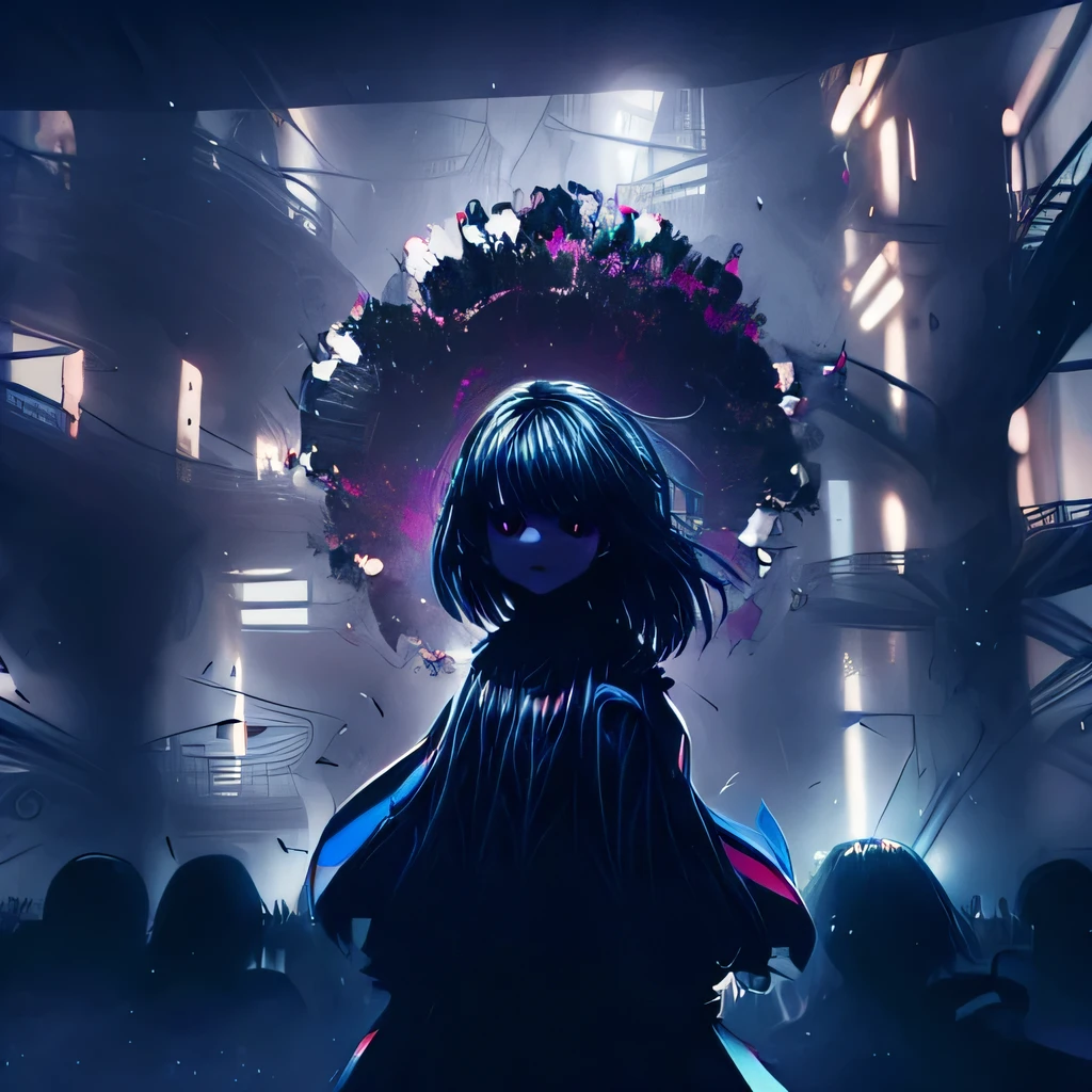 A beautiful silhouette of a girl with a beautiful background around her, standing without fear, panoramic view of a girl, (Eyes in the background)), viewer with perfect view :1,3), (zoom on the face :1,2), (focus on the face :1,3), behind her is an evil whirlwind filled with eyes, behind her is a silent and atmospheric background filled with particles, (vibrant color :1,4), (sharp focus :1,3 (dark theme :1,3)), long hair, black color variation, the girl blends into the background