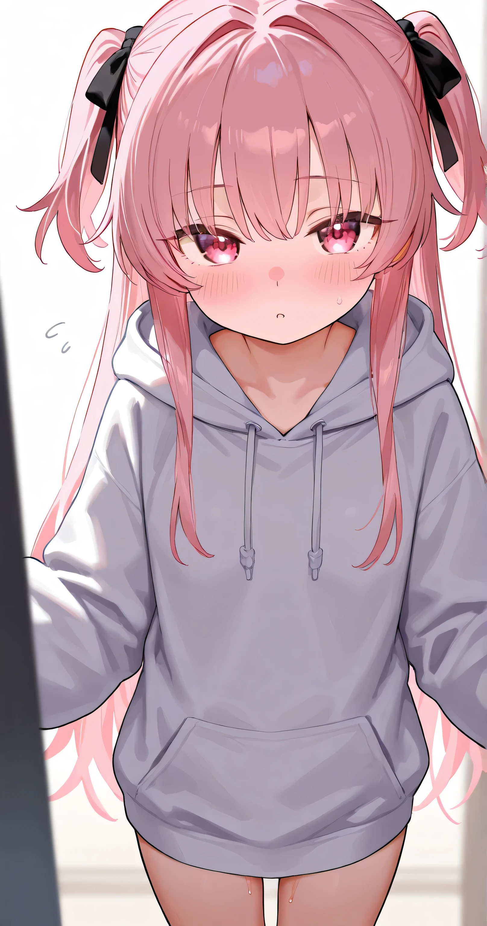 Petite girl, two side up, pink hair, oversized hoodie