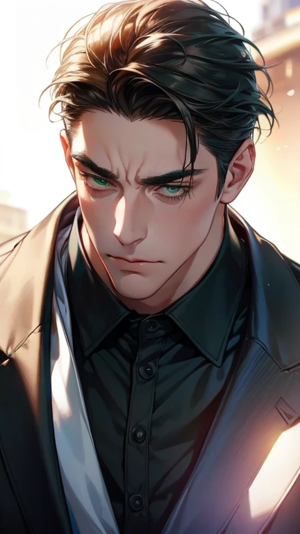 (best quality,4k,8k,highres,masterpiece:1.2),ultra-detailed,(realistic,photorealistic,photo-realistic:1.37),1 man,3,mature man,very handsome,without expression,smile,short grey brown hair,blue eyes,penetrating gaze,perfect face without errors,imposing posture,businessman,office background,cinematic lighting,hdr image