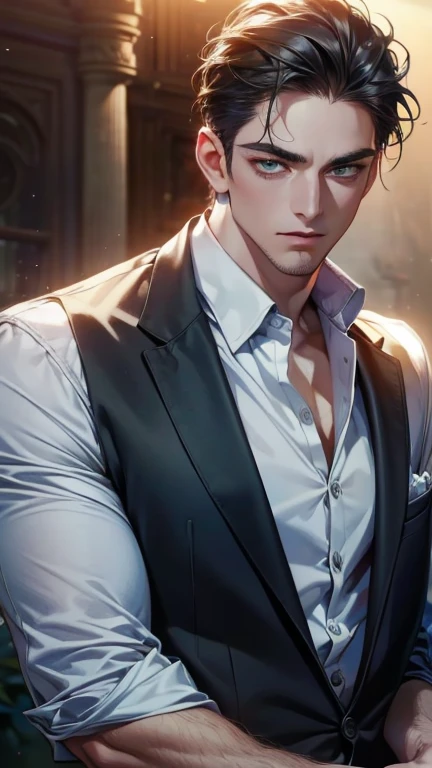 1boy, solo, male_focus, jewelry, realistic, necklace, earrings, looking_at_viewer, brown_hair, black_shirt, short_hair, jacket, shirt, pectorals, closed_mouth, white_jacket, straight-on, window, pants, simple_background, pectoral_cleavage, blurry_background