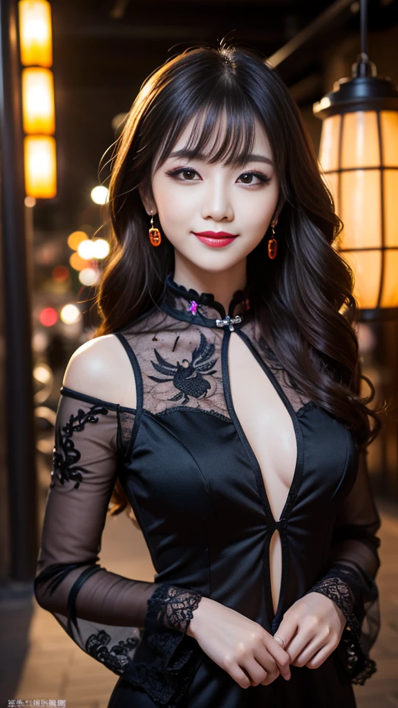 Super detailed、Japanese、charming beauty、seductive adult woman、Beautiful woman、sharp eyes、cool girl、wavy hair、long black cheongsam、wide sleeve、evilの幹部、evil depravity、brainwashing、Mind control、apply lipstick、grin、evilな表情、evil、empty eyes、evil、ruins at night、Hypnosia makeup brush