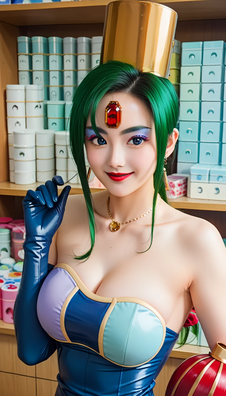 (photo realistic1.2),ultra detailed,(8K),(1girl),(Fantasy:1.5),(bed),(wizard costume:1.5),Enchanted Wands,Sorcerer's Spellbook,(Wizard's Hat:1.2),topless, (small nipples), (big breasts: 1.2),gravure, beautiful Japanese, clothes in disarray,earrings,(from above:1.5),(looking at viewer),(kneeling pose),smirk,(upper body),(aqua hair),(straight hair),26years old,