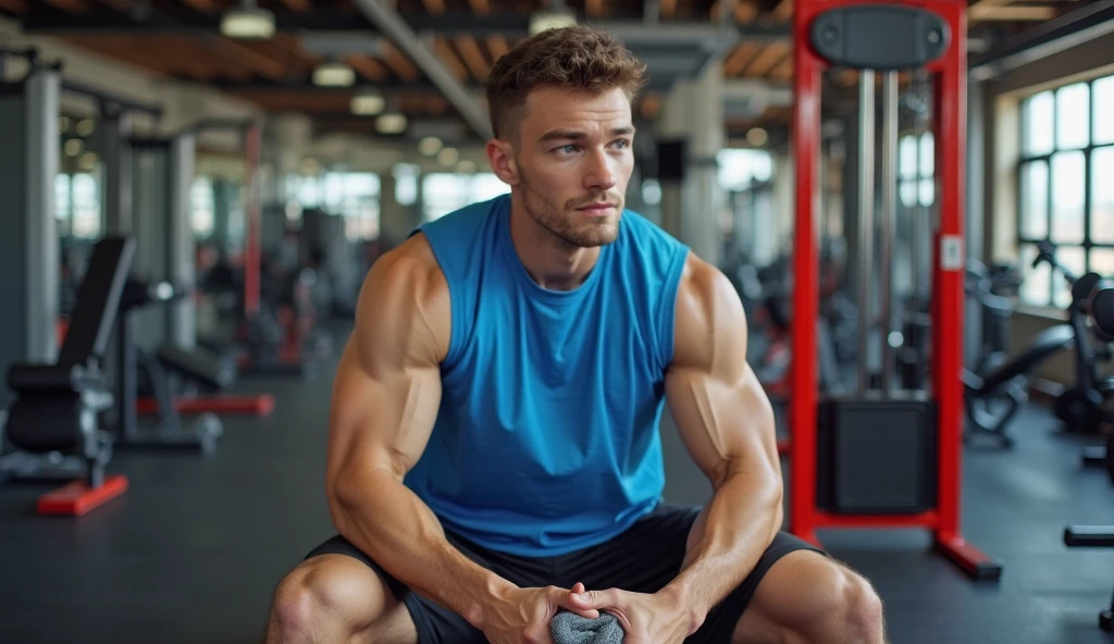 High Detail RAW Color Photo Professional Photo. A tall, muscular man with pale skin is seated on a sturdy gym bench in a professional gym setting, captured during a moment of deep thought. The man is shirtless, revealing a chiseled physique with highly defined muscles, veins prominently visible across his arms, chest, and shoulders. He is wearing blue athletic pants that contrast with his pale skin and bare upper body. His posture is slightly hunched forward as he rests his elbows on his knees, his hands clasped together, and his head slightly bowed, deep in thought. His facial expression is contemplative, with a serious yet calm demeanor, showing a moment of introspection in the midst of an intense workout session. The gym around him is well-lit, with various gym equipment visible in the background, though slightly blurred to maintain focus on the man and his reflective state. The lighting casts dramatic shadows, enhancing the definition of his muscular form and adding depth to the scene. The overall atmosphere is serious and intense, capturing the essence of a dedicated fitness routine mixed with a moment of personal reflection