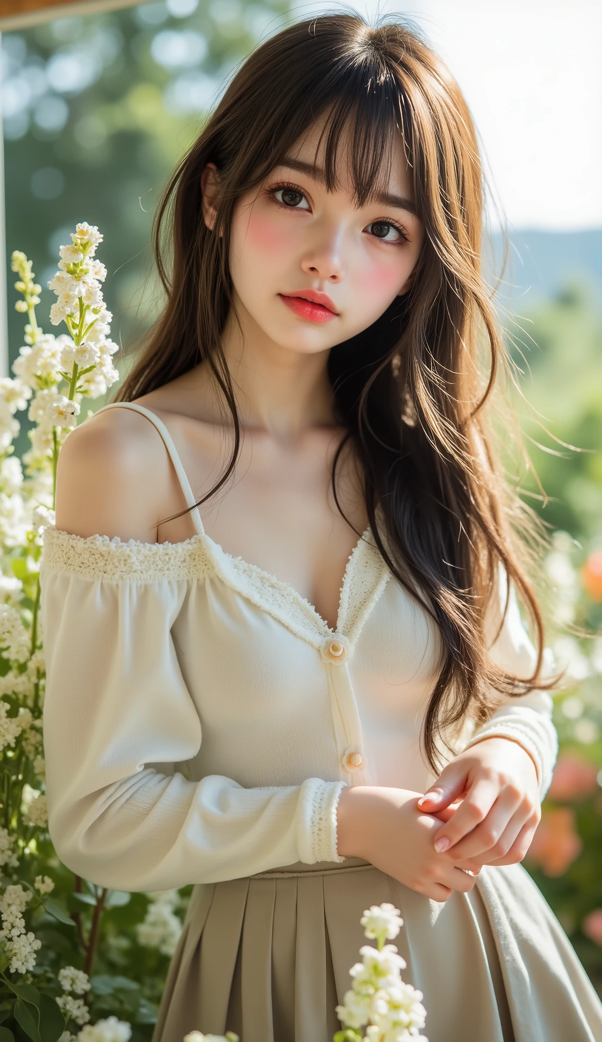 ((TOP QUALITY)), ((masterpiece、High sensitivity、 High Resolution、detailed depiction up to the entrance、 draw a delicate face))、(Small beautiful breasts、bust up)、 ((:1.2, Transcendental Young Face, idol face)), ((An innocent beautiful girl))、((Slender body line drawing delicate eyes and face))、 stylish hair 、(shame、embarrassed expression) 、((cute top and pleated skirt))、 Countryside Scenery、(detailed hands:1.3, perfect right hand:1.2), Beautiful body lines reflected in backlighting、 (Tight Waist)、(Showing off her small beautiful ass:1.2), (perfect anatomy in the flower park:1.2), (Leaning forward pose)