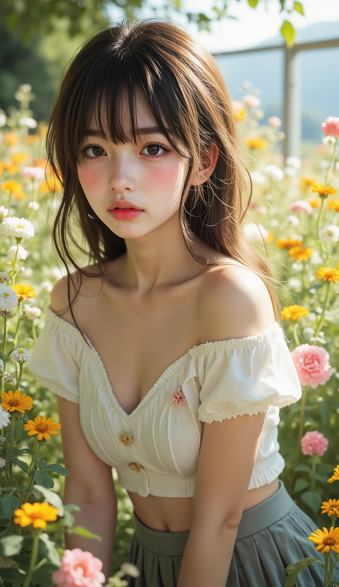 ((TOP QUALITY)), ((masterpiece、High sensitivity、 High Resolution、detailed depiction up to the entrance、 draw a delicate face))、(Small beautiful breasts、bust up)、 ((:1.2, Transcendental Young Face, idol face)), ((An innocent beautiful girl))、((Slender body line drawing delicate eyes and face))、 stylish hair 、(shame、embarrassed expression) 、((cute top and pleated skirt))、 Countryside Scenery、(detailed hands:1.3, perfect right hand:1.2), Beautiful body lines reflected in backlighting、 (Tight Waist)、(Showing off her small beautiful ass:1.2), (perfect anatomy in the flower park:1.2), (Leaning forward pose)