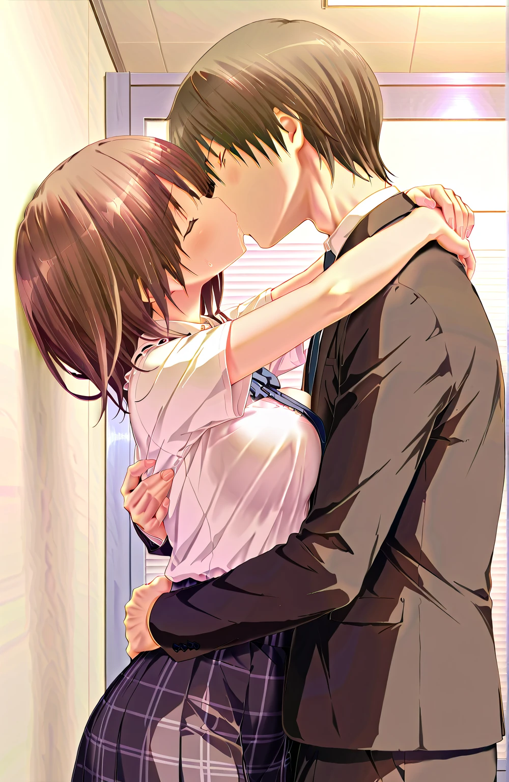 bottom: Midnight Express Station , (Premium, the best quality), (1 Adult males , kiss), Touch the wall with your left hand , heterosexual, a woman, Hug, medium breasts,from side, cowboy shot, BREAK, Girl with, in a business suit , (black suit:1.1), White collar shirt, blue tie, plaid skirt , medium brown hair, Brown hair with dyed interior,split color:1.25), eyes closed, (dreamer, Melted look :1.3).