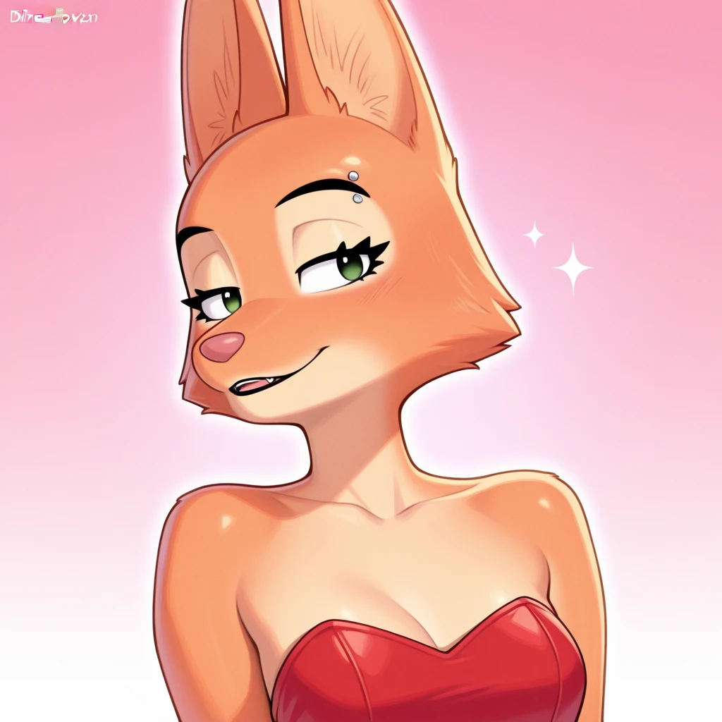 Coco Bandicoot, strapless tight dress, cleavage, blonde hair, curly hair, halo, sunglasses, jewelry, red eyes, longeyelashes, red eyes, smile, shy, blush, high detail, masterpiece, UHD, anatomically correct, super detail, highres, 4K