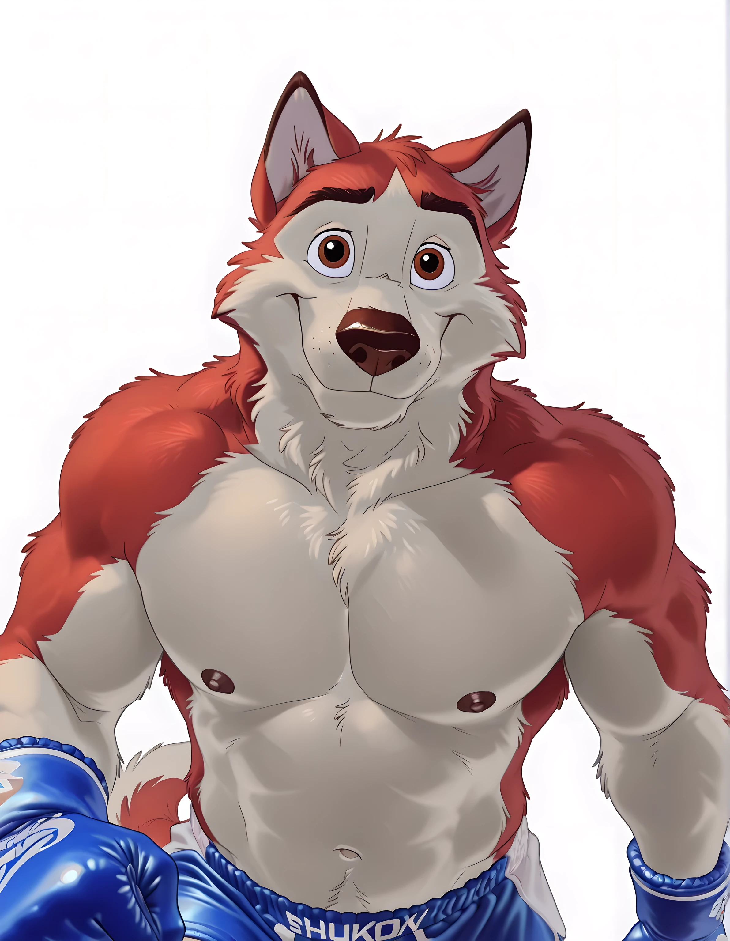 kodiak, husky, solo, detailed, detailed face, detailed eyes, anthro body, male, ( adult), ((very muscular)), cartoon shading, blue boxing gloves, blue boxing shorts, (no background, white background), shirtless, looking at viewer, half body, walking towards viewer, walking, by anhes, stern eyes, subtle smile, t4r4nf1dd13r, pov_boxing