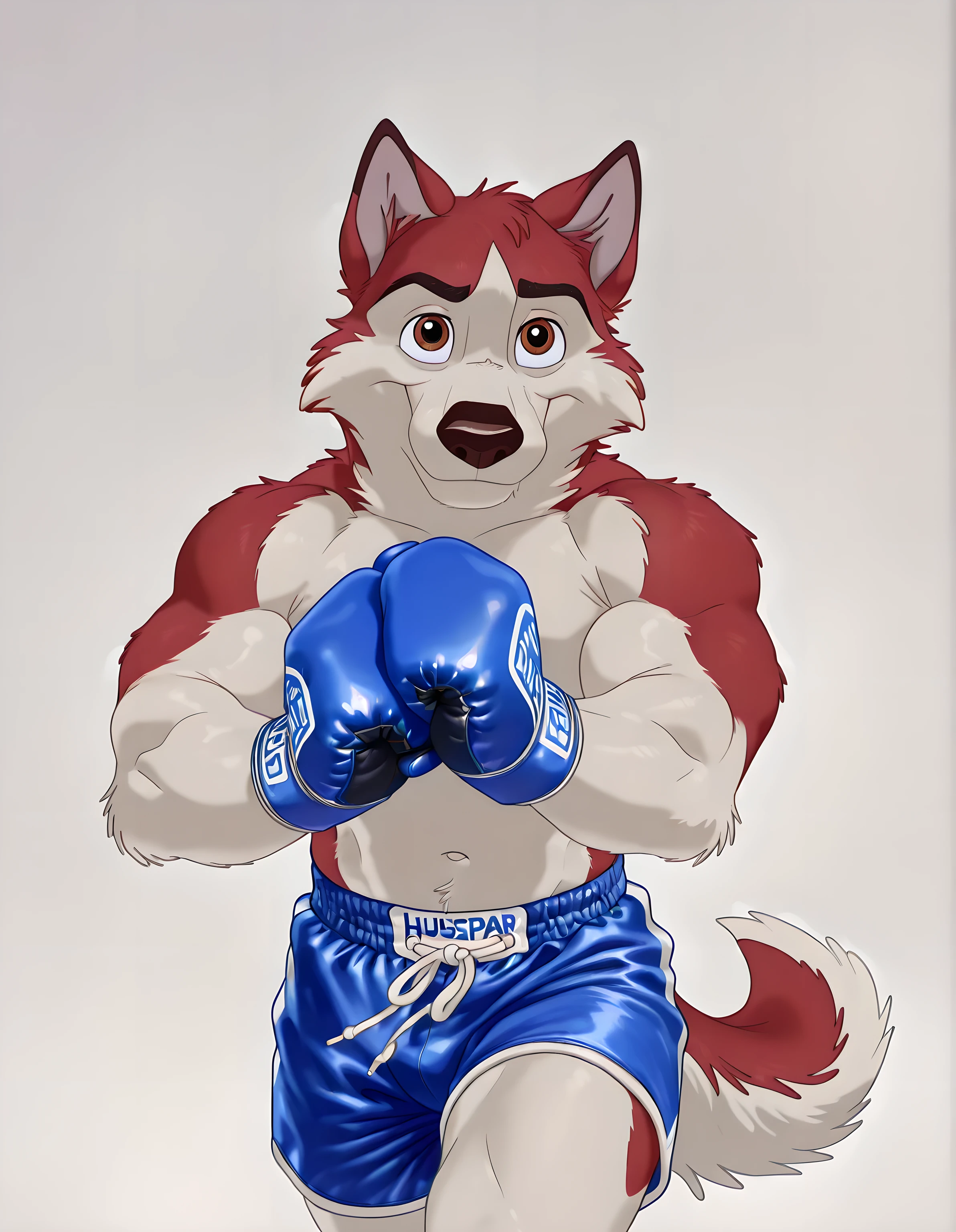 A wolf wearing motogp racing suit, sits on punchbag, started showing a real dick, straight up erects dick, moaning face, suck dick with boxing glove, cum explode in wolf maw