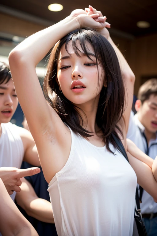 (best quality:1.2), masterpiece, Realistic, Ultra-high resolution, ((a beautiful Japanese idol  woman:1.2)), (Gaunt:1.3), (((Very flat chest:1.4))), ((Baby Face)),me your sweaty armpits:1.2))), ((Upper Body:1.4)), (arms up), (focus on her armpit:1.3), ((Armpits are wet and shiny with sweat)), She has skin that sweats easily Soaking wet, (athletics stadium, track and field athlete:1.2), (topless)