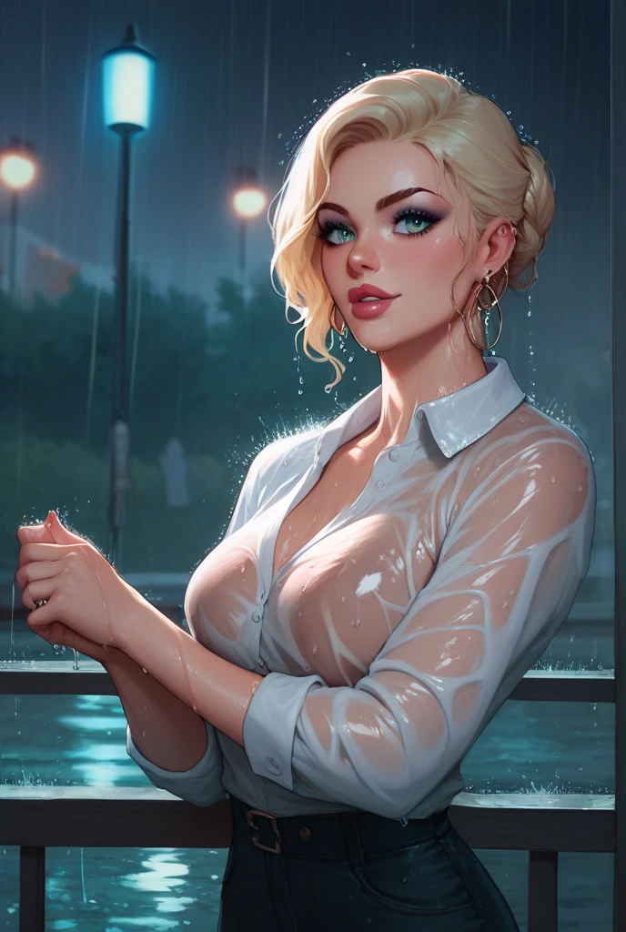 Blonde woman playing with water in the backyard, ((fully dressed)), fashion hippie, long sleeve button down slim fit shirt, Skirt, jewelry, beads, Close-up fantasy with water magic., housewife, mature woman, long blonde hair dyed in a bob, thin stature, bright sun, summer palette, playful, gentle smile, clothes made of water, photorealistic, wet, beautiful realistic photo, hyperrealistic fantasy photo, close up, narrow depth of field, 8k, ((soggy)), ((wet)), (dripping water), dripping oil, heavy clothing, wet in oil, medium breasts, grass, Wet everywhere, cabello wet goteando, varied poses, in a pond