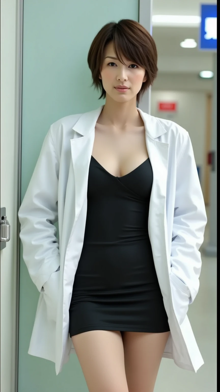 masterpiece, hot shot, ((best quality)), absurdres, perfect antomy, beautiful spanish, (Small smile), necklace, choker, dress, (Big breasts:1.3), braless, defined abdomen, labcoat, standing, doctor office background, sexy pose