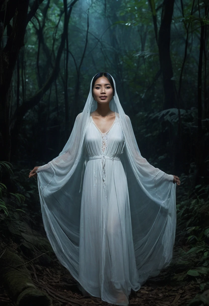 Morning fog in the forest. Full body portrait of woman in oil painting.She walked barefoot on the soft dead leaves. Wearing a white dressing gown.Her long black hair hangs down casually.She has a beautiful face.But with a sad look.Lovely eyes seem to know all the secrets.She turned towards the deep purple mist in the distance on the left side of the screen..Go further and further Go further and further..