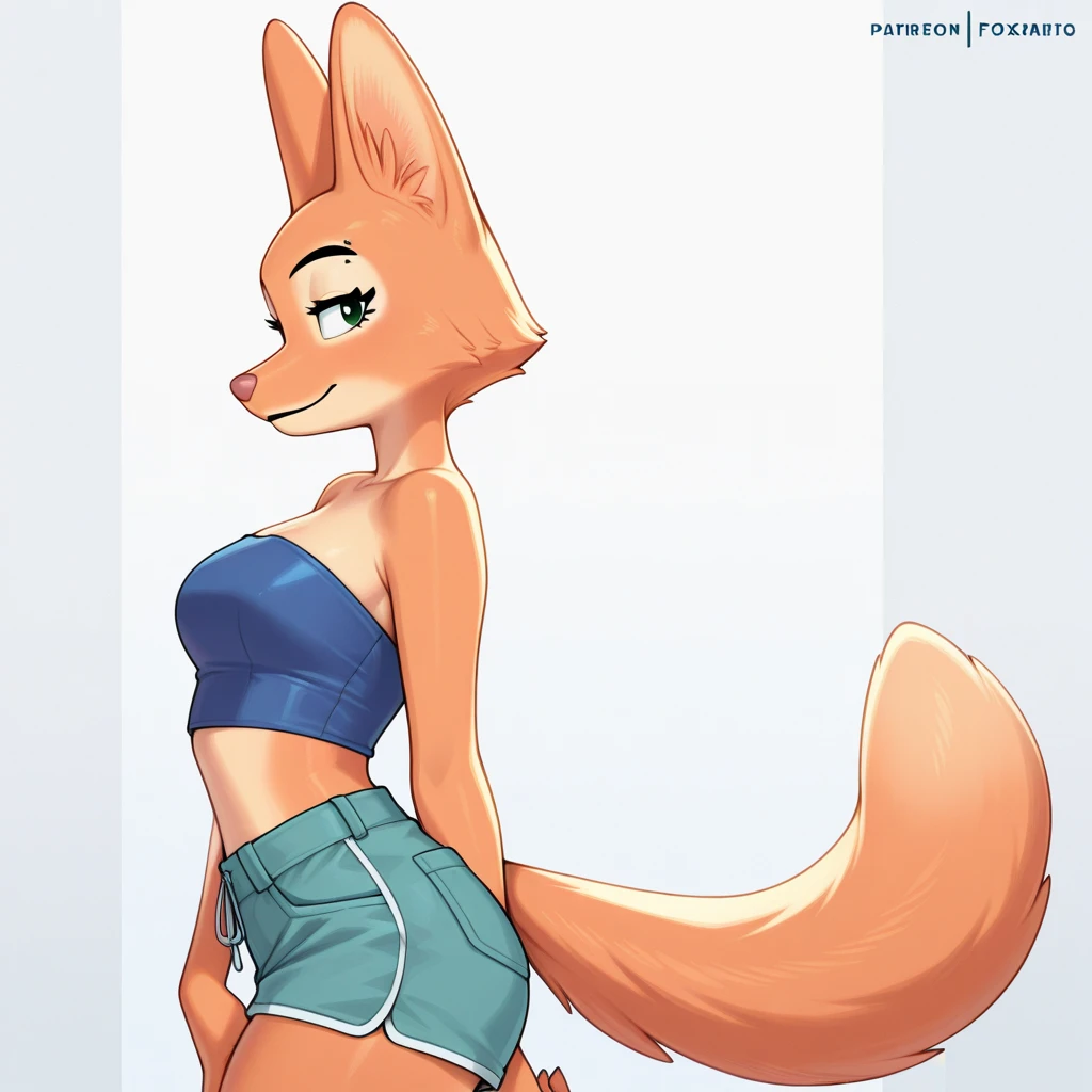 Solo, score_9,score_8_up,score_7_up, kemono style, nick wilde, male, fox, green eyes, furry head, winking, femboy, feminine, hourglass figure, thick thighs, wearing black tank top, black skimpy boy shorts, visible thong, cheeky smile, tongue out, standing, in a bar, leaning on the counter, side view,