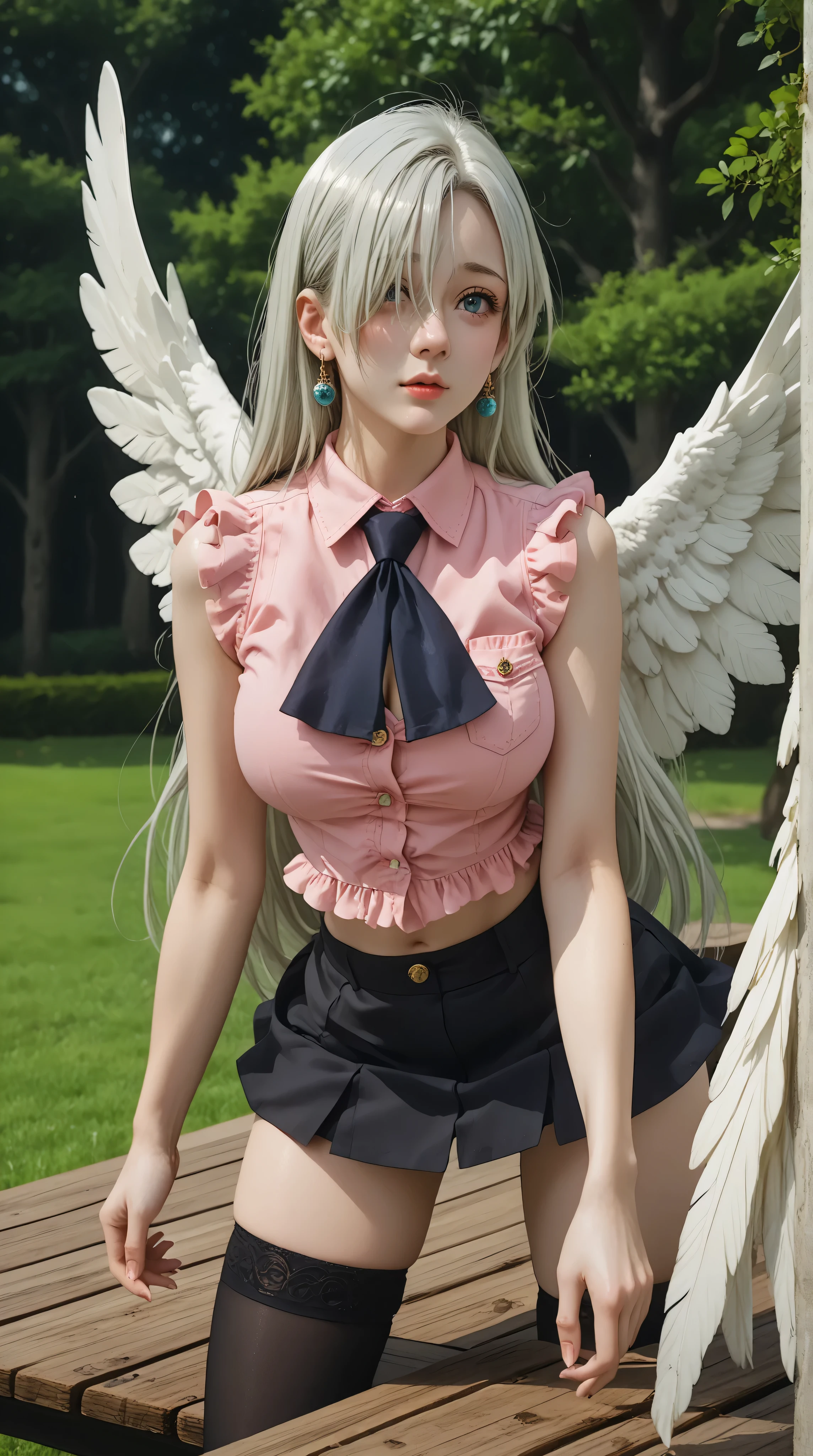 score_9, score_8_arriba, sharp focus,, absurdres, highres,  illustration,Angel wings behind his back,

me_facing,,Elizabeth_lions,,hair_over_one_eye, long hair , (silver hair),Mechon covering his eye,on a metal bench in the park,she should be on all fours showing her big buttocks to the spectator and her big breasts,neckline, very large breasts,very large hips and very large thighs,
 skirt, open chest shirt, high stockings, navel, jewelry, earrings, sleeveless, abdomen, black  skirt, handkerchief, sleeveless shirt, pink open chest shirt,
white background,