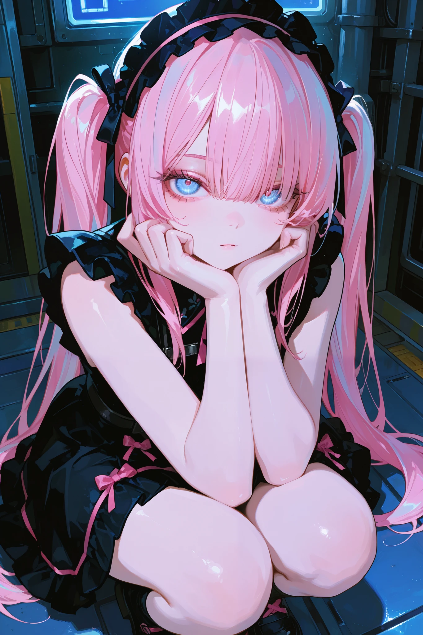 Anime girl with pink hair sitting on a blue bench - SeaArt AI