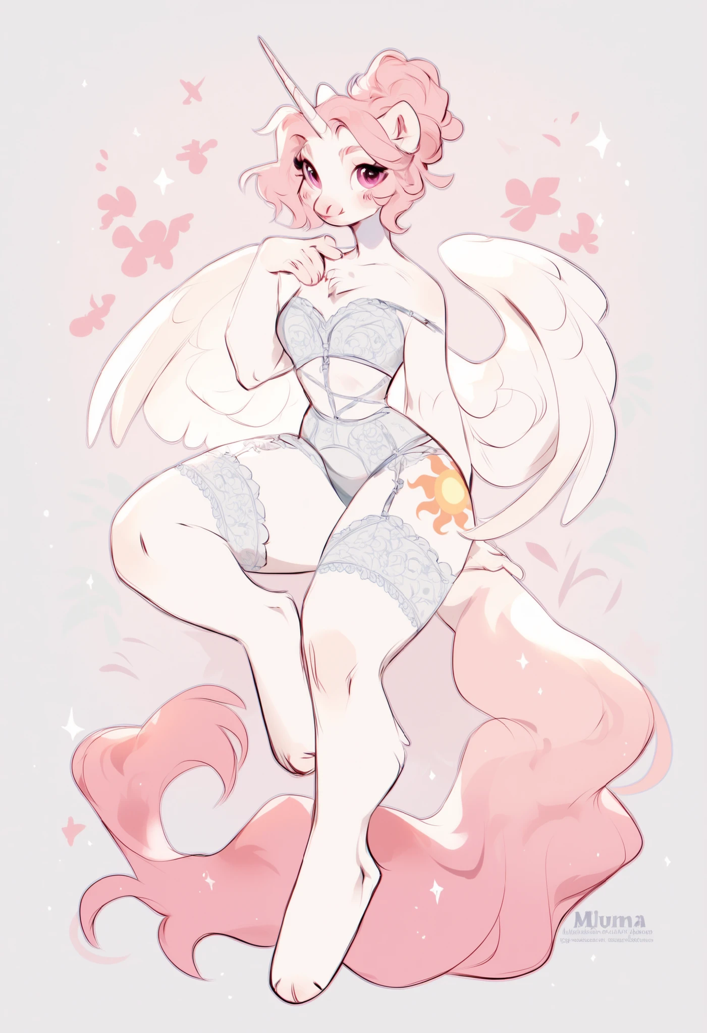 check_9, check_8_up, check_7_up, source_fluffy, rating_safe, from Magnaluna, Celestia poses seductively in a white bedroom, hair bun with bangs, pink eyes, white body, anthro, blushing, wearing goldern lingerie, full body